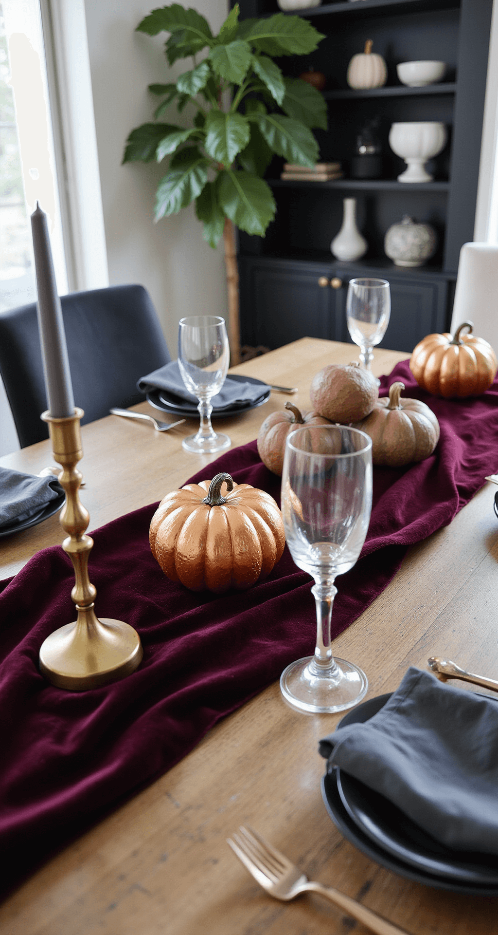 Classy Halloween Home Decor: Elevate Your Seasonal Style with Sophisticated Spooky Touches Close-up of an elegant Halloween tablescape featuring metallic copper pumpkins and vintage brass candlesticks on a reclaimed wood table, adorned with a dark burgundy velvet runner, crystal glassware, and charcoal gray linen napkins, all illuminated by natural morning light.