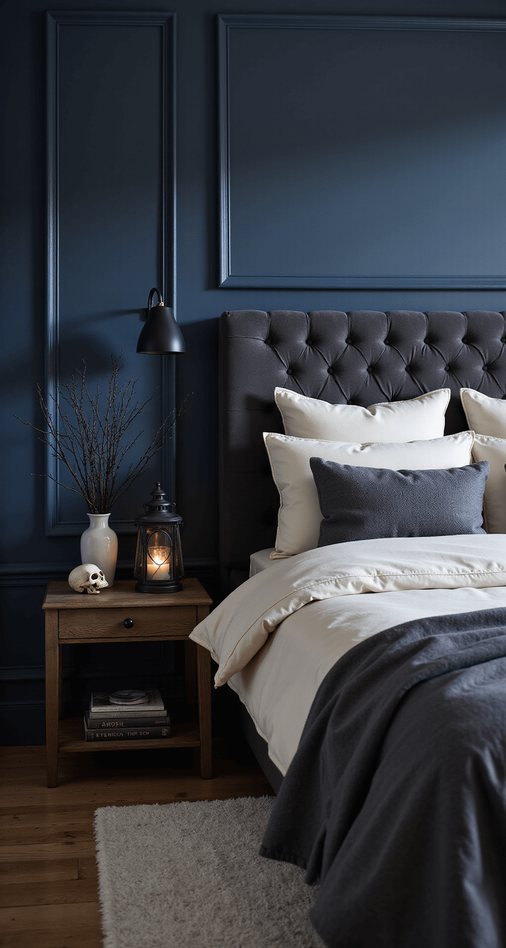 Classy Halloween Home Decor: Elevate Your Seasonal Style with Sophisticated Spooky Touches A luxurious bedroom corner featuring a tufted charcoal headboard against a navy accent wall, layered cream and pewter bedding, a nightstand adorned with a gothic lantern and decorative skull, dried black branches in a ceramic vase, and a plush area rug on hardwood floors, all illuminated by soft box lighting for an intimate, sophisticated atmosphere with subtle Halloween elements.