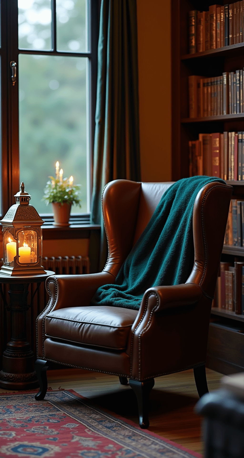 Classy Halloween Home Decor: Elevate Your Seasonal Style with Sophisticated Spooky Touches Cozy reading nook at dusk featuring a chocolate leather wingback chair draped with a deep forest green cashmere throw, beside an elegant side table with LED candles and leather-bound books, surrounded by floor-to-ceiling bookshelves and a Persian rug, with soft twilight filtering through flowing curtains and an ornate vintage lantern as the sole decorative element, captured from a low camera angle to highlight the intimate ambiance.