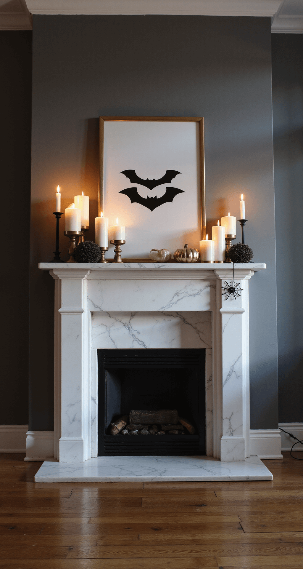 Classy Halloween Home Decor: Elevate Your Seasonal Style with Sophisticated Spooky Touches A white marble fireplace styled with clustered candles of varying heights and metallic pumpkin arrangements, accented by a subtle spider web detail in the corner. Above the mantel, minimalist black bat art in gold frames contrasts against warm gray walls. The scene features hardwood floors reflecting candlelight in a moody atmosphere, showcasing a sophisticated color scheme of blacks, whites, and metallics with bronze accents.
