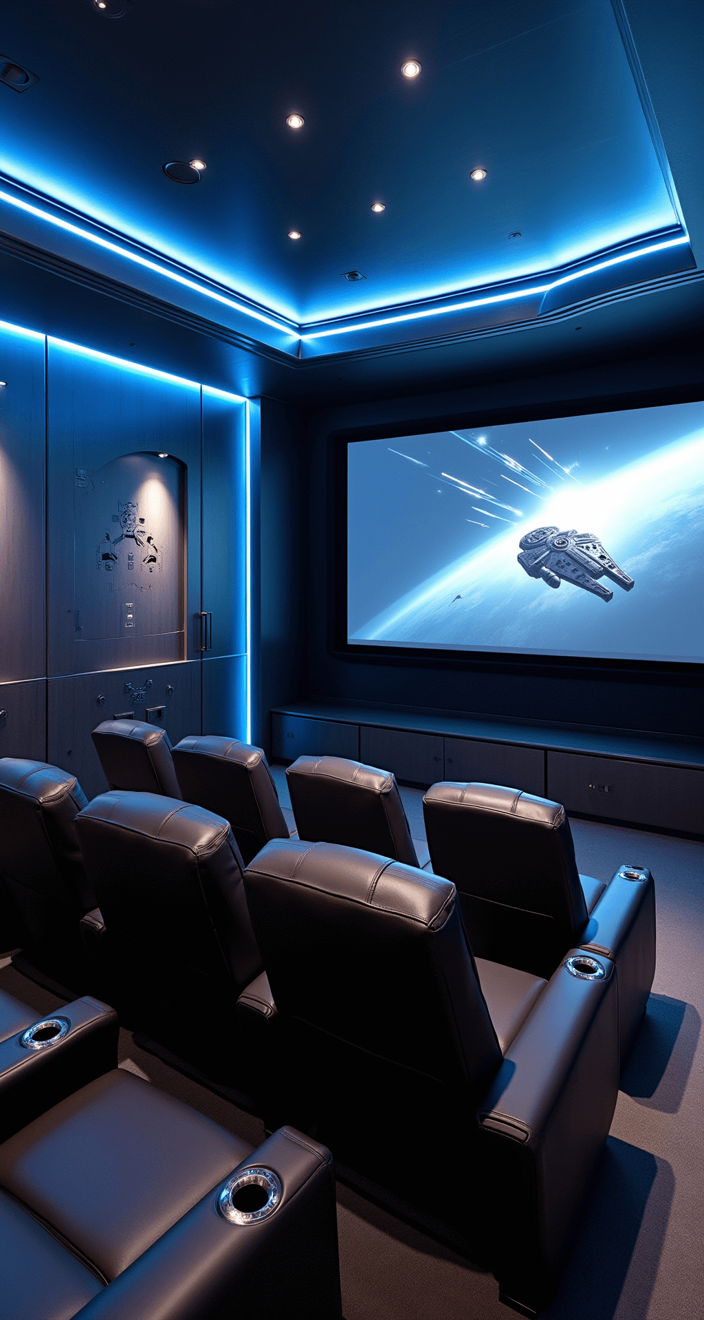 Top Trunk or Treat Ideas for 2025: Unleash Your Halloween Creativity Interior of a luxury home theater designed like the Millennium Falcon cockpit, featuring leather reclining seats, blue LED lighting, and a large screen displaying space scenes, with metallic gray walls and control panel replicas, creating an immersive sci-fi atmosphere.