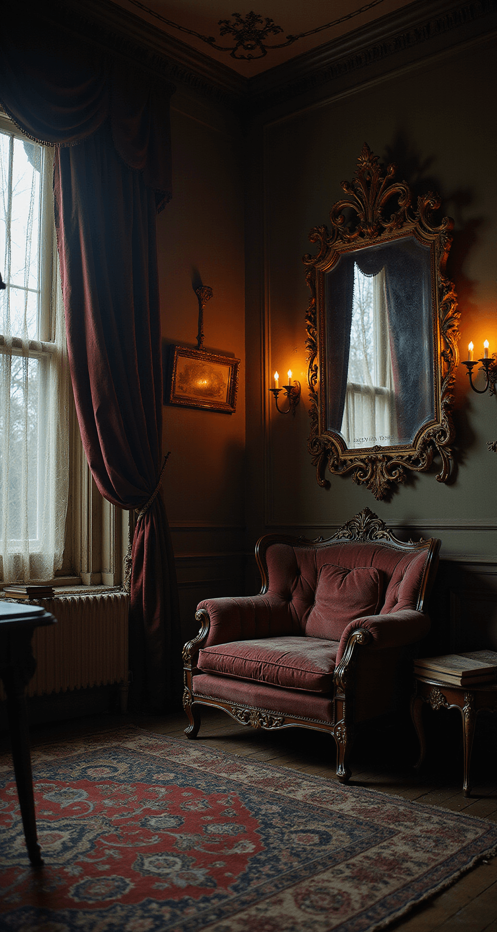 Top Trunk or Treat Ideas for 2025: Unleash Your Halloween Creativity Haunted Victorian parlor with candlelit ambiance, cobweb-draped mahogany furniture, ghostly reflections in ornate mirror, burgundy curtains, aged brass fixtures, and scattered leather books, all set in gothic architecture with dramatic chiaroscuro lighting.