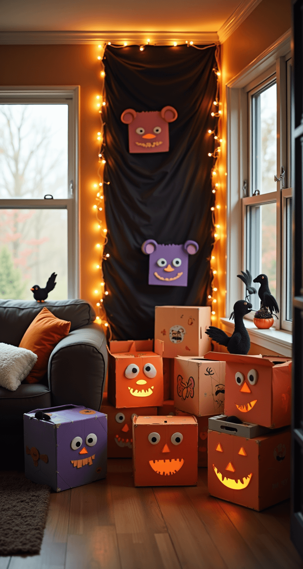 Top Trunk or Treat Ideas for 2025: Unleash Your Halloween Creativity Cozy family room with DIY Halloween crafts, featuring monster faces made from construction paper, warm string lights, and a black fabric backdrop, all adorned in an orange and purple color scheme.