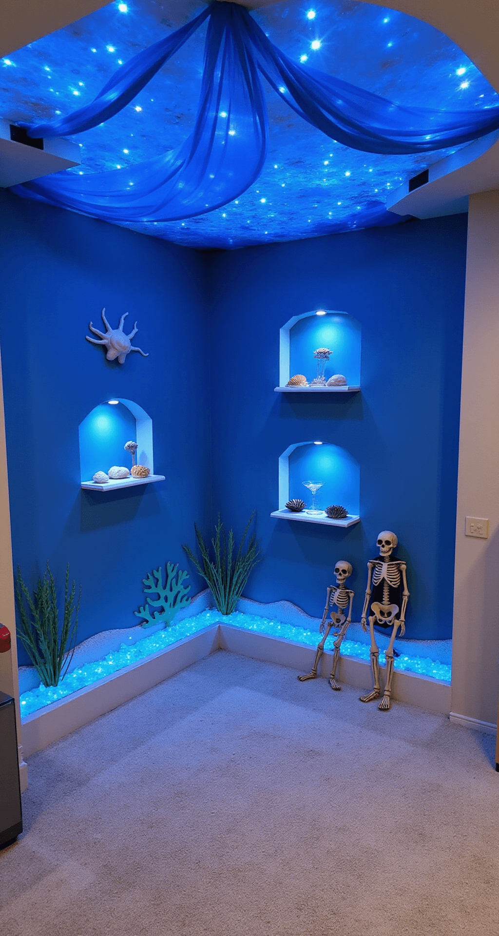 Top Trunk or Treat Ideas for 2025: Unleash Your Halloween Creativity Children's playroom transformed into an enchanting underwater scene with soft blue LED lighting, flowing blue fabric ceiling, seashell decorations, artificial coral, sandy beige carpet, and playful skeleton diver props, captured in a whimsical wide-angle shot.