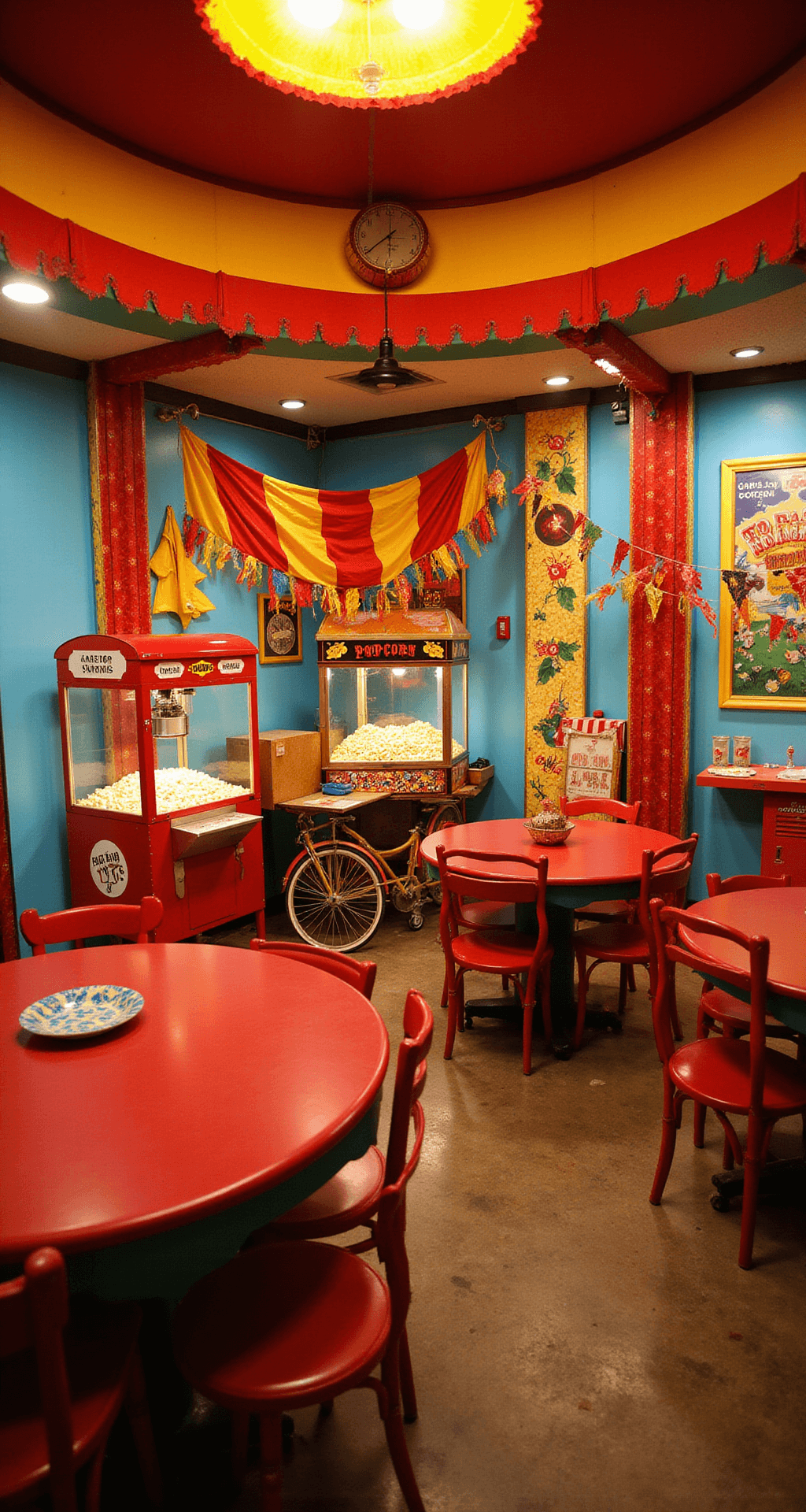 Top Trunk or Treat Ideas for 2025: Unleash Your Halloween Creativity A vibrant vintage carnival-themed game room featuring bright multicolored lighting, red and yellow striped decor, miniature carnival game stations on tables, a popcorn machine in the corner, and circus tent fabric draped from the ceiling, all surrounded by bold primary colors and vintage carnival posters, capturing a dynamic, energetic atmosphere.