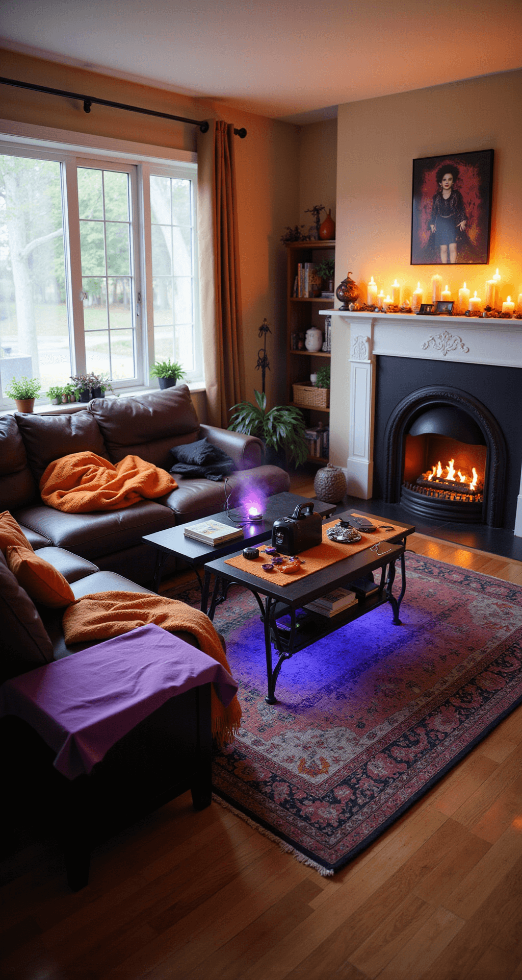 Top Trunk or Treat Ideas for 2025: Unleash Your Halloween Creativity A spacious family room is artistically organized for Halloween, featuring essential supplies like themed backdrop materials on a sectional sofa, a fog machine on the coffee table, and grouped LED candles on the mantle, all illuminated by natural daylight and warm indoor lighting in a coordinated orange-black-purple color palette.