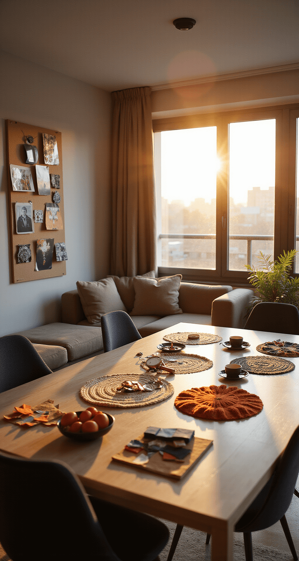 Top Trunk or Treat Ideas for 2025: Unleash Your Halloween Creativity A contemporary living space with a creative Halloween display, golden hour light streaming through large windows, a mood board on the wall, craft materials on a dining table, and color swatches and fabric samples laid out, all alongside modern furniture in a bright and optimistic atmosphere.