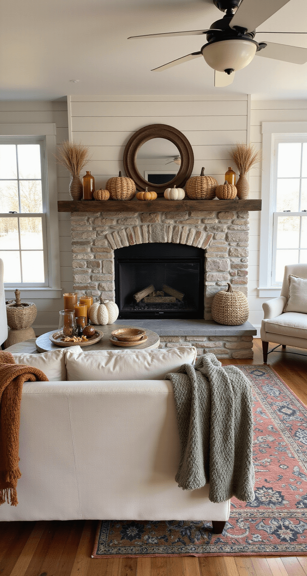 Wicker Pumpkins: The Ultimate Fall Decor Trend That Will Transform Your Home Cozy farmhouse living room featuring a cream linen sofa with chunky knit throws, a large stone fireplace adorned with wicker pumpkins and amber glass candles, and warm afternoon light streaming through shiplap walls.