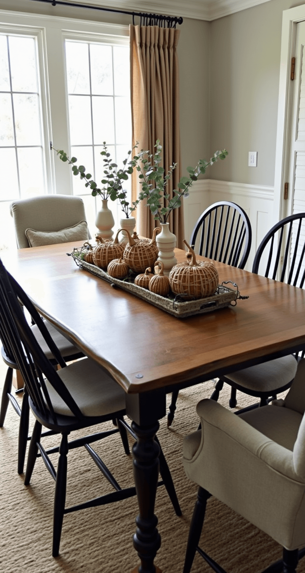 Wicker Pumpkins: The Ultimate Fall Decor Trend That Will Transform Your Home Elegant dining room with a wicker pumpkin centerpiece on a live-edge walnut table, illuminated by soft morning light filtering through linen curtains. The arrangement includes varying sizes of wicker pumpkins, eucalyptus branches, brass candlesticks, and ivory ceramic vessels, complemented by Windsor chairs with linen cushions, all featuring a rich burgundy and cream color palette.