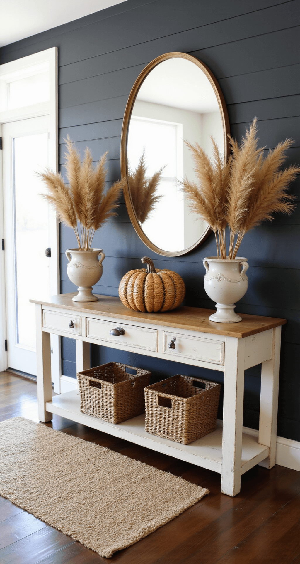 Wicker Pumpkins: The Ultimate Fall Decor Trend That Will Transform Your Home A stylish entryway console features a large wicker pumpkin and dried pampas grass in urns, set against a charcoal shiplap wall. A vintage brass mirror hangs above, with natural light illuminating the warm neutral tones and textures, complemented by a jute runner on dark hardwood floors and woven basket storage below.