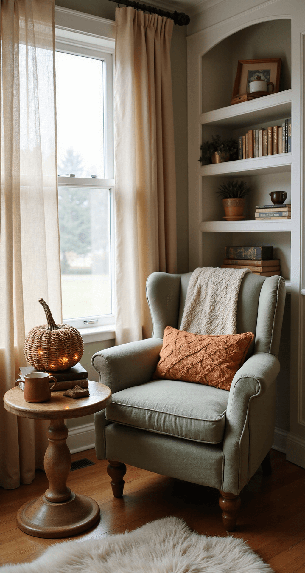 Wicker Pumpkins: The Ultimate Fall Decor Trend That Will Transform Your Home Charming reading nook corner illuminated by soft afternoon light through gauze curtains, featuring a sage green linen armchair, cable-knit throw, wicker pumpkin accent decor, and a round pedestal side table with fairy lights and leather-bound books, set against built-in white bookshelves and hardwood floors with a sheepskin rug.