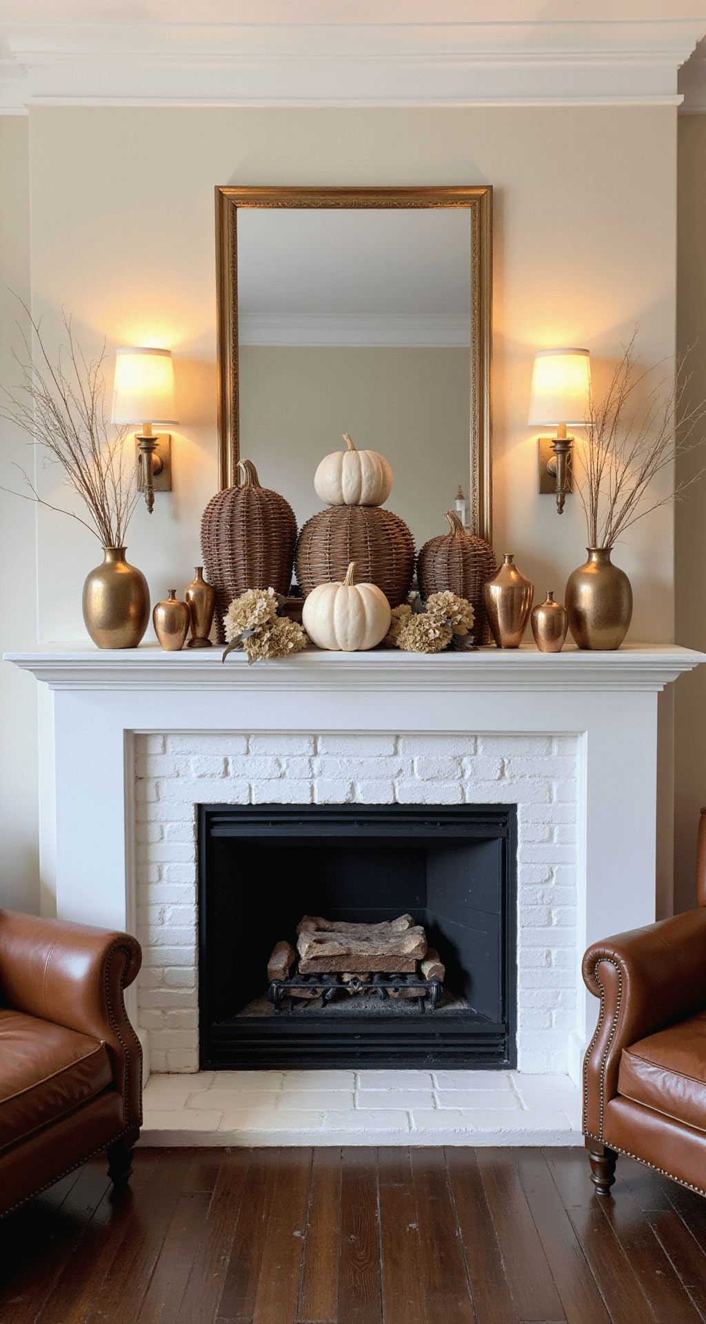 Wicker Pumpkins: The Ultimate Fall Decor Trend That Will Transform Your Home Sophisticated fall vignette featuring layered wicker pumpkins of varying sizes, brass candlesticks, and dried hydrangeas against a white brick fireplace, illuminated by warm evening lighting; complemented by dark hardwood floors and leather club chairs in a rich autumn palette.