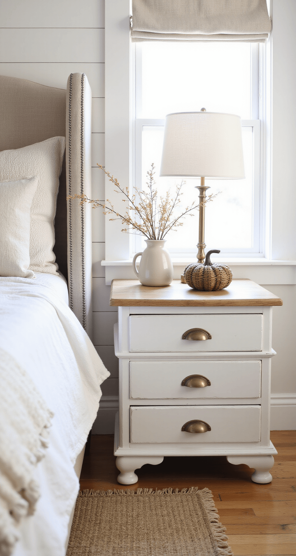 Wicker Pumpkins: The Ultimate Fall Decor Trend That Will Transform Your Home Cozy bedroom nightstand vignette with wicker pumpkin, dried branches in ceramic vase, and brass lamp, softly illuminated by morning light through linen shade, showcasing cream bedding and warm neutral tones.