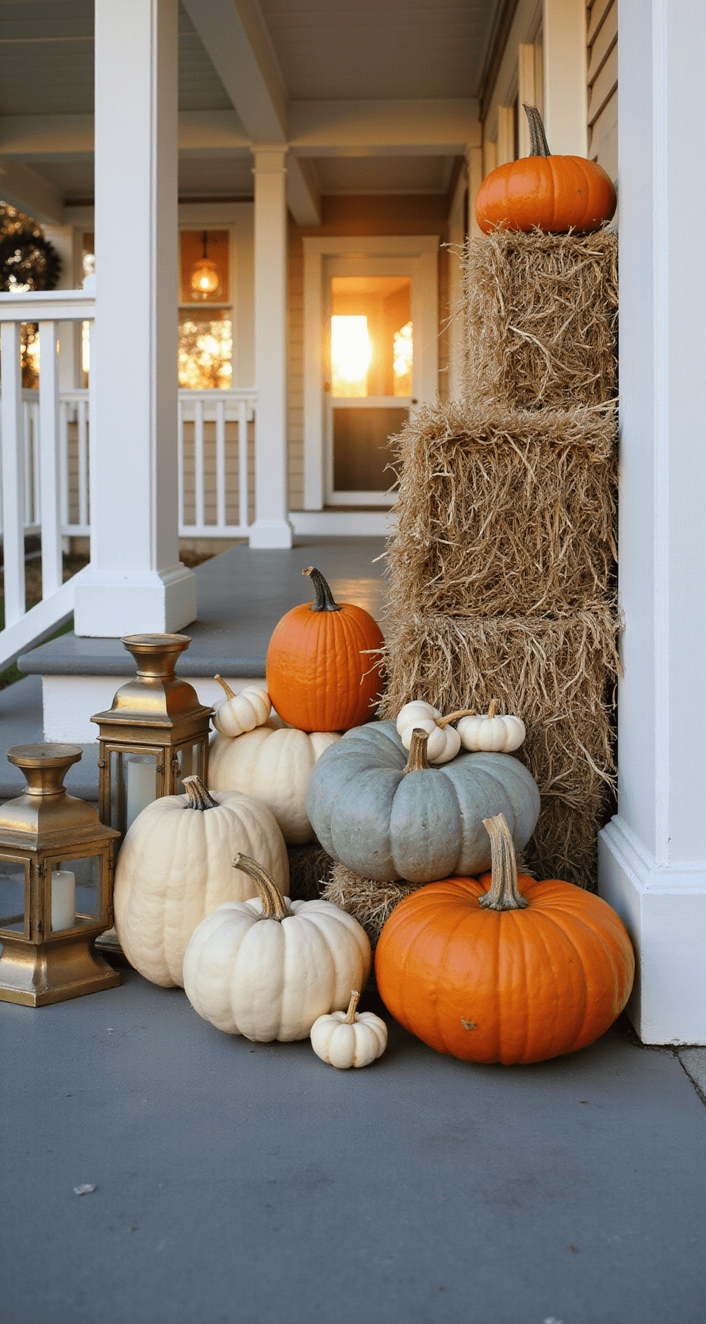 Stunning Pumpkin Decor: Transform Your Front Porch into an Autumn Wonderland Wide-angle shot of a cozy front porch at golden hour, showcasing a mix of pumpkins in warm amber light, with white railings and slate gray steps, accented by vintage brass lanterns and weathered hay bales.