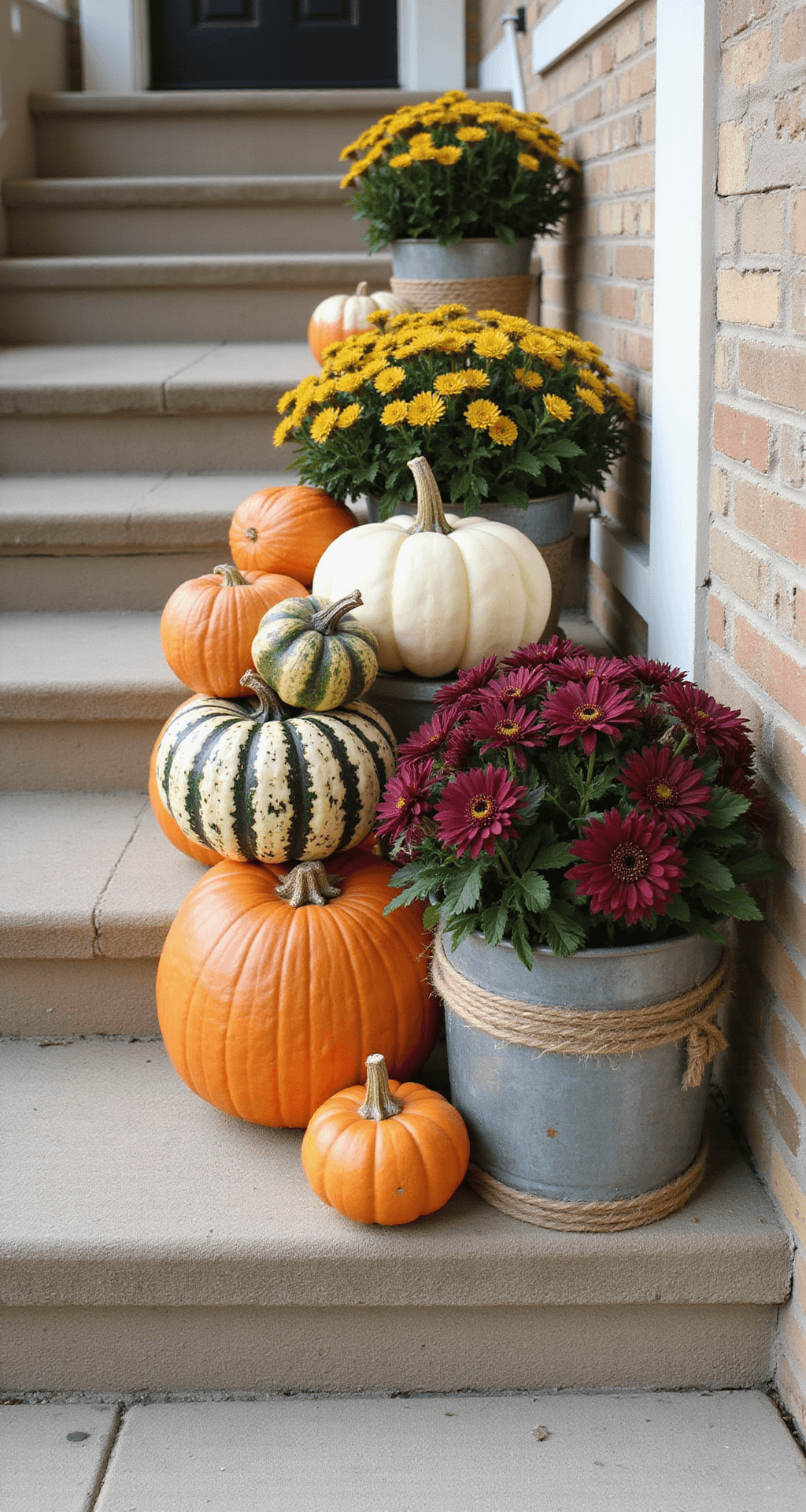 Stunning Pumpkin Decor: Transform Your Front Porch into an Autumn Wonderland Close-up at a 45-degree angle of a layered autumn vignette on wide porch steps, featuring an oversized orange pumpkin, medium white cinderella pumpkins, and small striped green gourds. A rustic galvanized bucket spills burgundy mums, surrounded by smooth ceramic planters and rough jute details. The composition showcases warm terracotta, cream, deep forest green, and golden marigold accents in soft afternoon light.
