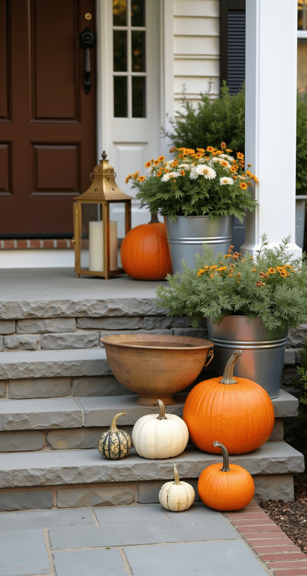 Stunning Pumpkin Decor: Transform Your Front Porch into an Autumn Wonderland Medium shot of an elegantly styled colonial porch adorned with deep orange and cream heirloom pumpkins, hunter green accents, brass lanterns, and seasonal greenery in galvanized planters, all highlighted by the soft glow of morning golden hour.