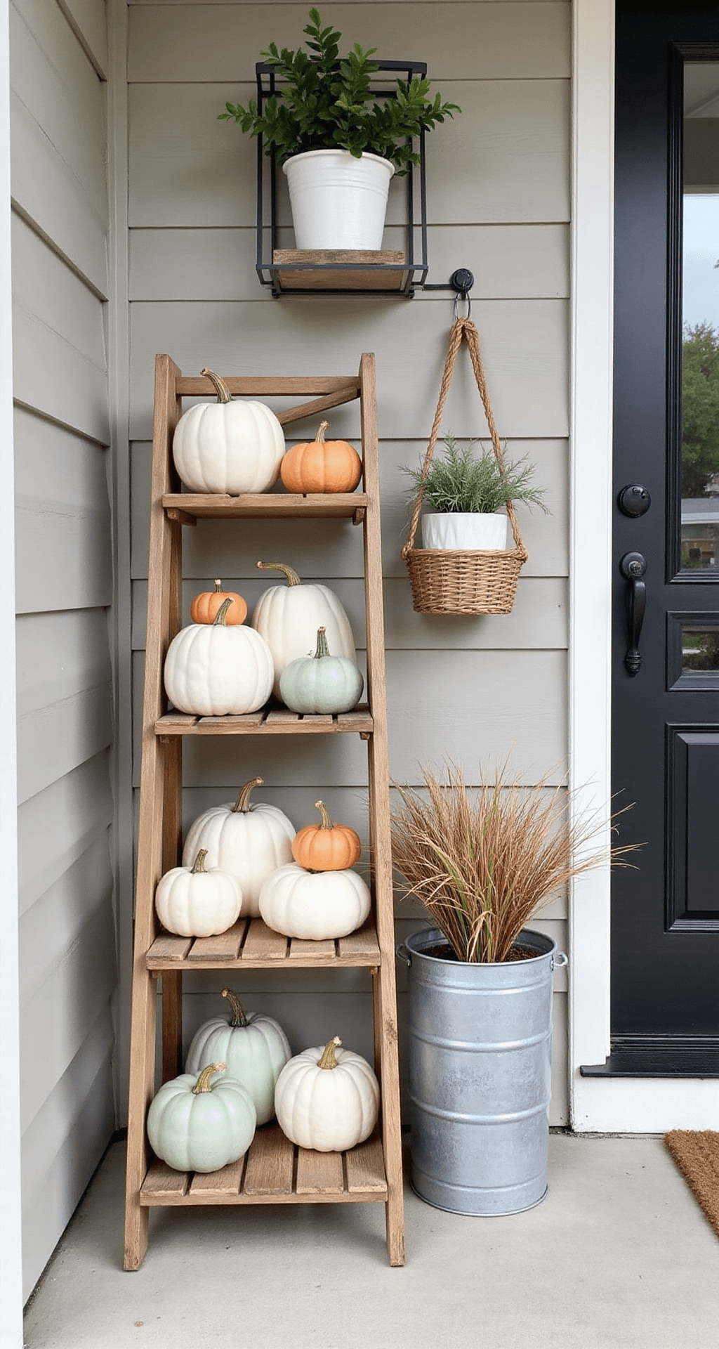 Stunning Pumpkin Decor: Transform Your Front Porch into an Autumn Wonderland Overhead drone shot of a small porch showcasing a creative vertical pumpkin display in a 6x4 foot space, featuring tiered wooden plant stands and wall-mounted shelving with multi-sized white, pale orange, and sage green pumpkins, complemented by galvanized metal containers, white ceramic planters, and natural wicker baskets, all arranged for a modern farmhouse aesthetic with a neutral palette and autumn color accents.