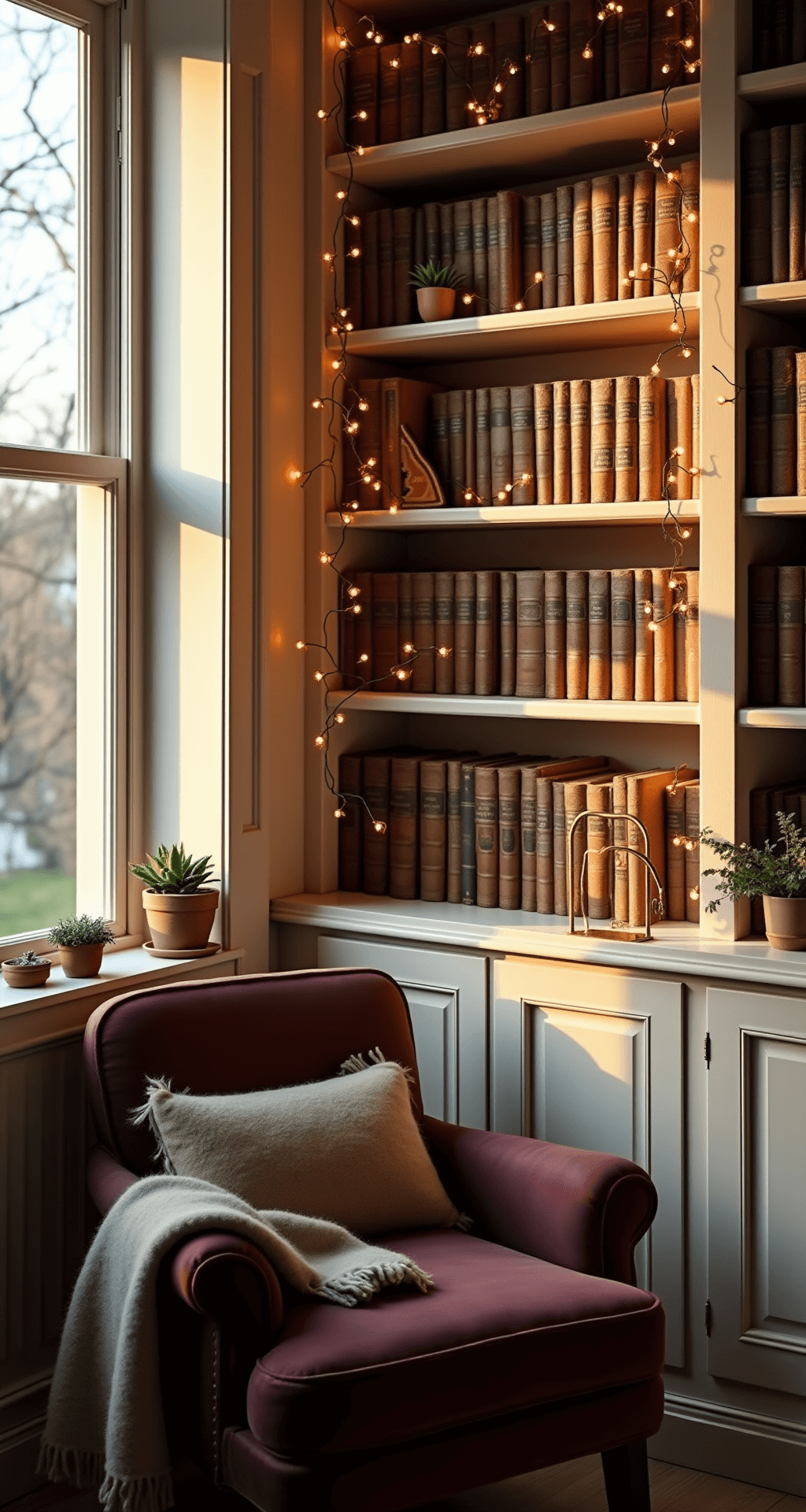 Enchanting Fairy Lights on Bookshelves: Transform Your Space with Magical Illumination Cozy home library corner with white oak bookshelves, amber fairy lights among leather-bound books, warm golden hour sunlight through tall windows, plush burgundy chair, and terracotta potted succulents.