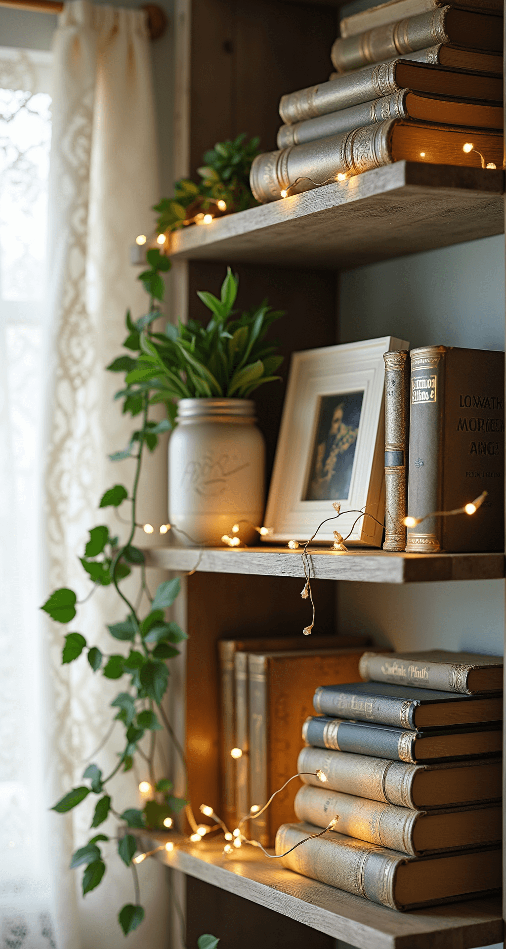Enchanting Fairy Lights on Bookshelves: Transform Your Space with Magical Illumination Rustic farmhouse bookshelf featuring reclaimed wood shelves adorned with vintage novels, twinkling fairy lights, mason jar planters with ivy, and antique brass frames, bathed in soft morning light through lace curtains, creating a cozy atmosphere.
