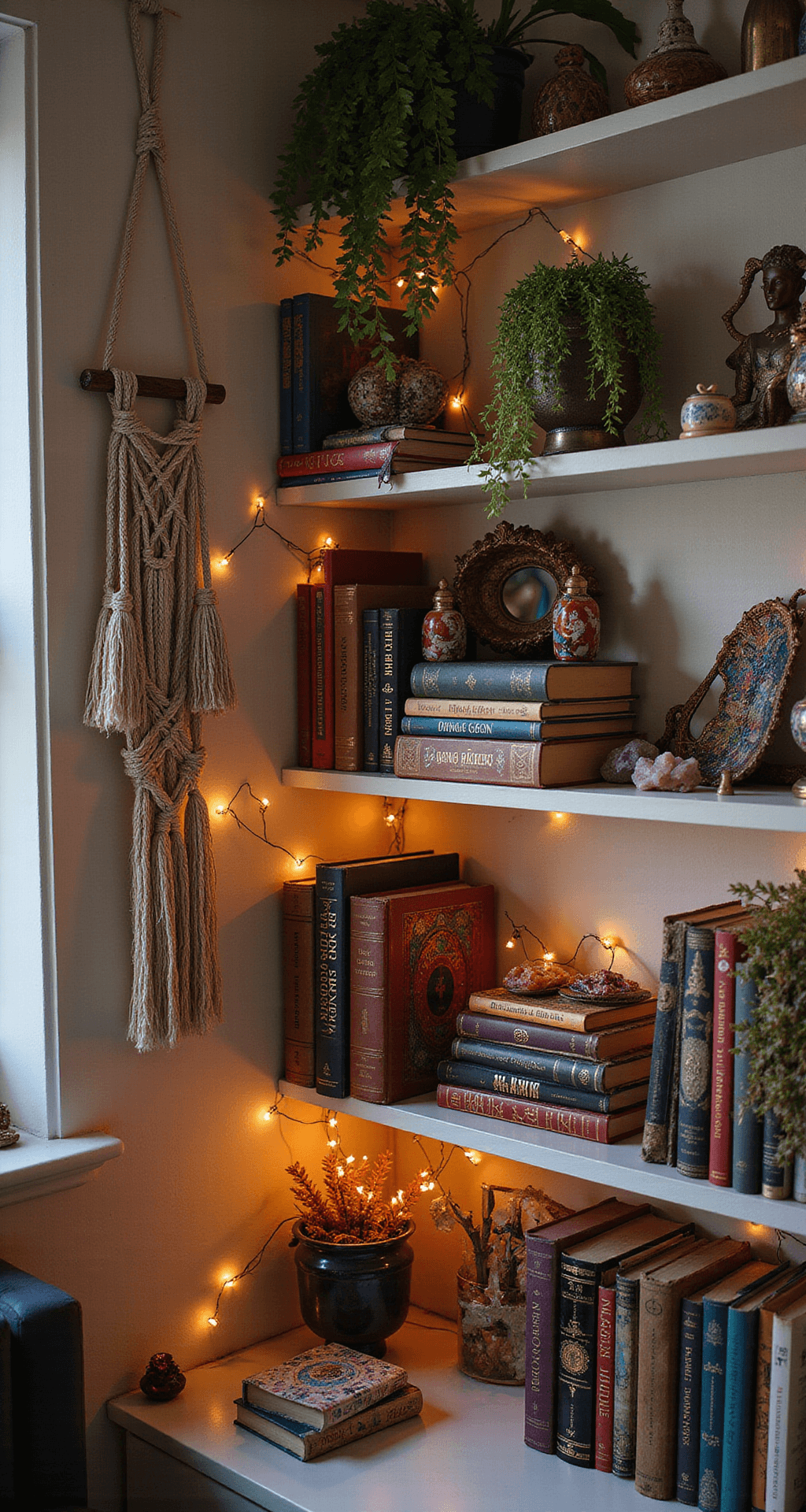 Enchanting Fairy Lights on Bookshelves: Transform Your Space with Magical Illumination A cozy bohemian bedroom nook featuring a bookshelf filled with jewel-toned books, crystals, and dried flowers, adorned with a macrame wall hanging and colorful fairy lights. Warm evening lighting enhances the rich textures and vibrant colors, while vintage brass mirrors and ceramic figurines add to the eclectic aesthetic. Cascading plants from upper shelves contribute to the inviting atmosphere.