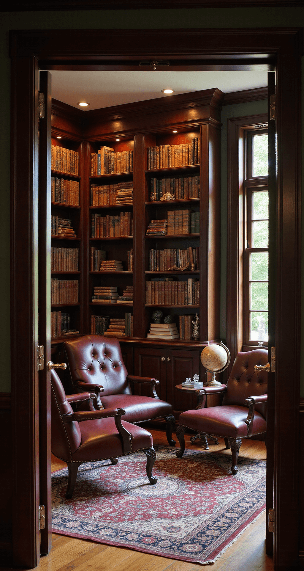 Enchanting Fairy Lights on Bookshelves: Transform Your Space with Magical Illumination An elegant traditional study featuring dark mahogany built-in bookshelves filled with classic literature, rich burgundy leather chairs, an antique globe, and silver bookends, illuminated by warm fairy lights and late afternoon window light, with deep forest greens and rich browns in the color palette, all anchored by a Persian rug, captured from a doorway perspective.