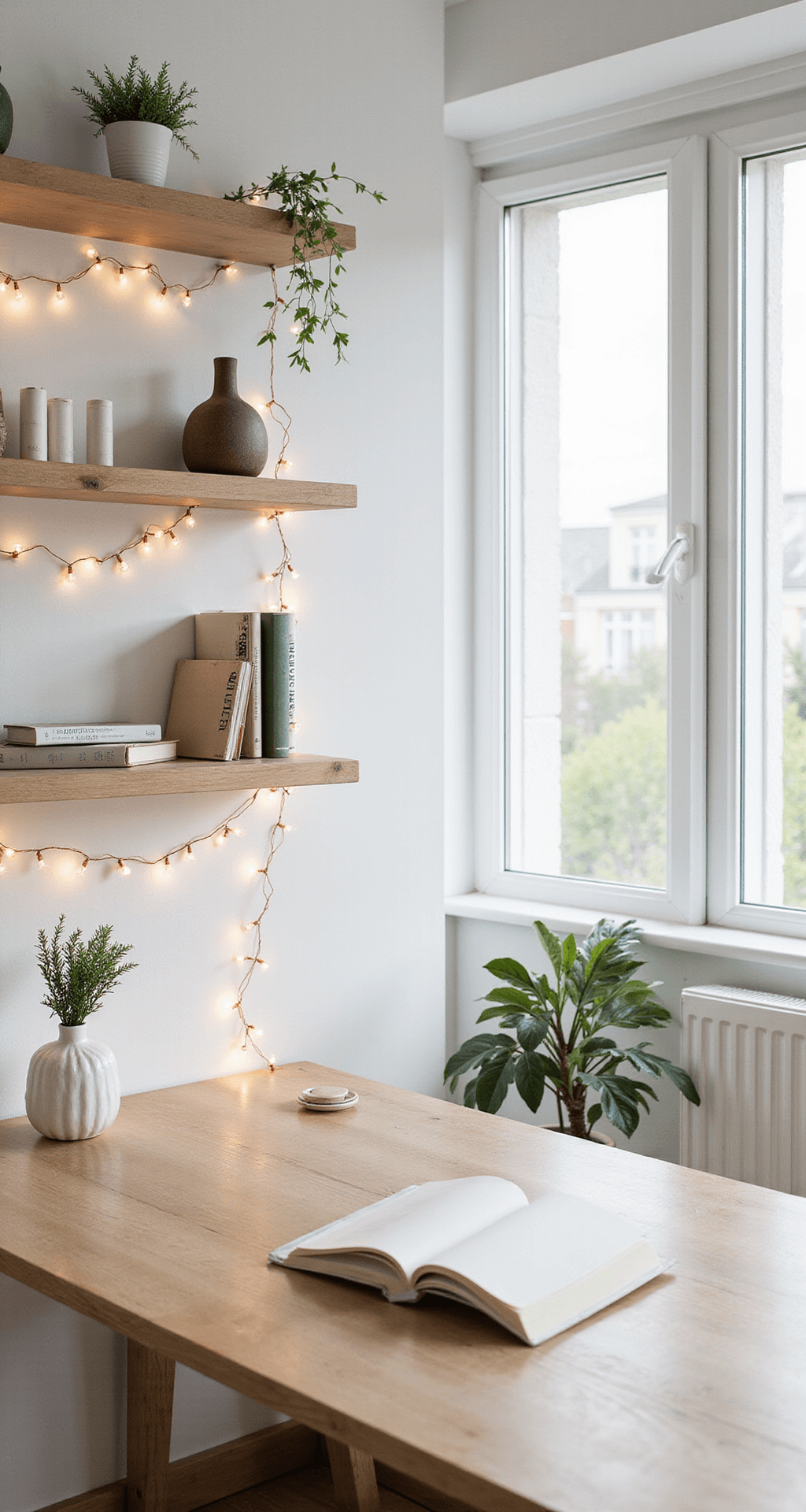 Enchanting Fairy Lights on Bookshelves: Transform Your Space with Magical Illumination A serene Scandinavian-style home office featuring light birch floating shelves adorned with minimalist books and delicate copper wire fairy lights. The space has a white and natural wood palette with sage green herb pots, a blonde wood desk, simple ceramic vessels, and linen-bound notebooks. Clean morning light streams through large windows, enhancing the bright, functional beauty of the room.