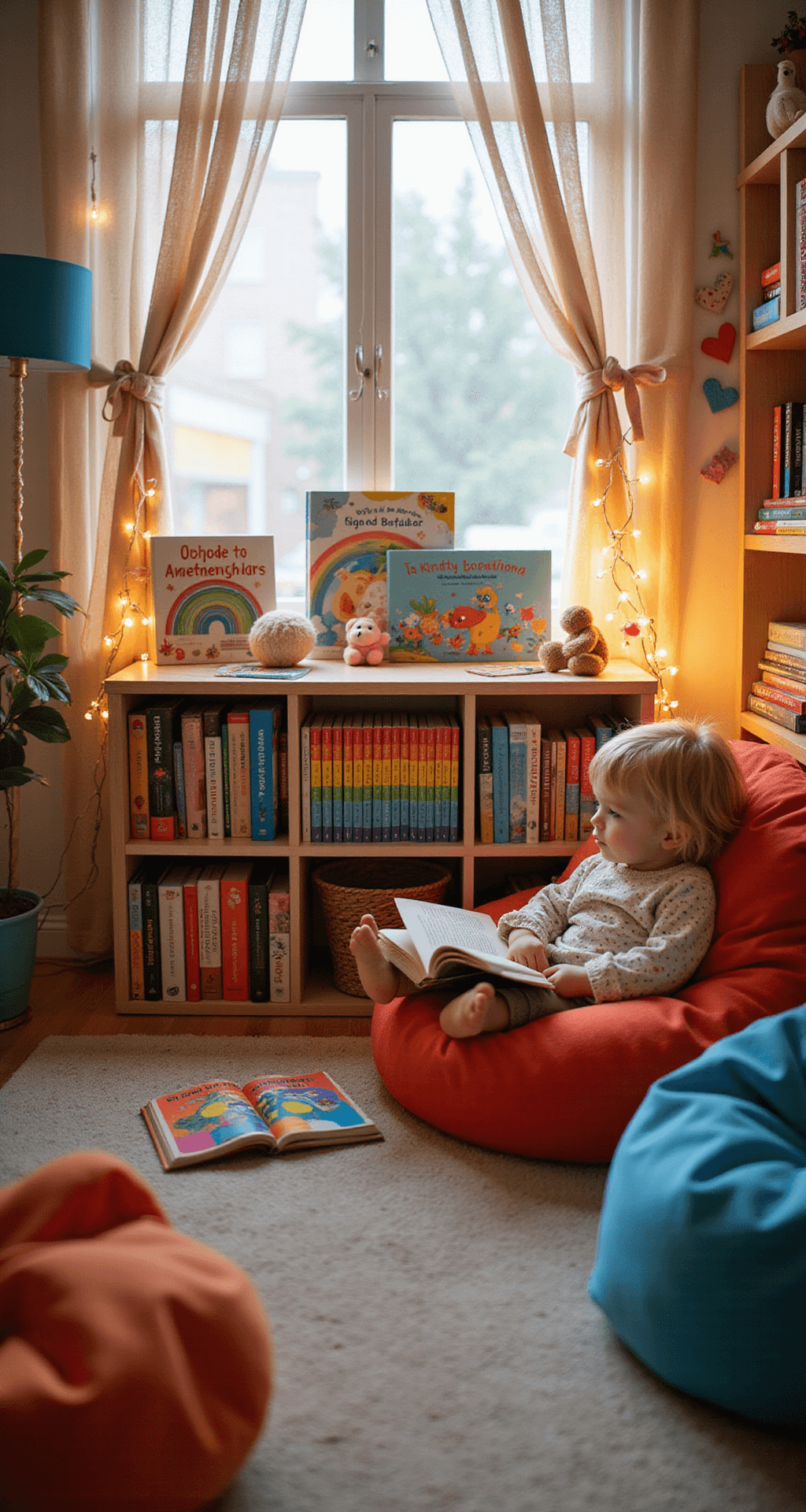 Enchanting Fairy Lights on Bookshelves: Transform Your Space with Magical Illumination A cozy children's reading nook featuring rainbow-organized picture books, whimsical fairy lights, playful accessories, and a bean bag chair, all illuminated by soft afternoon light.