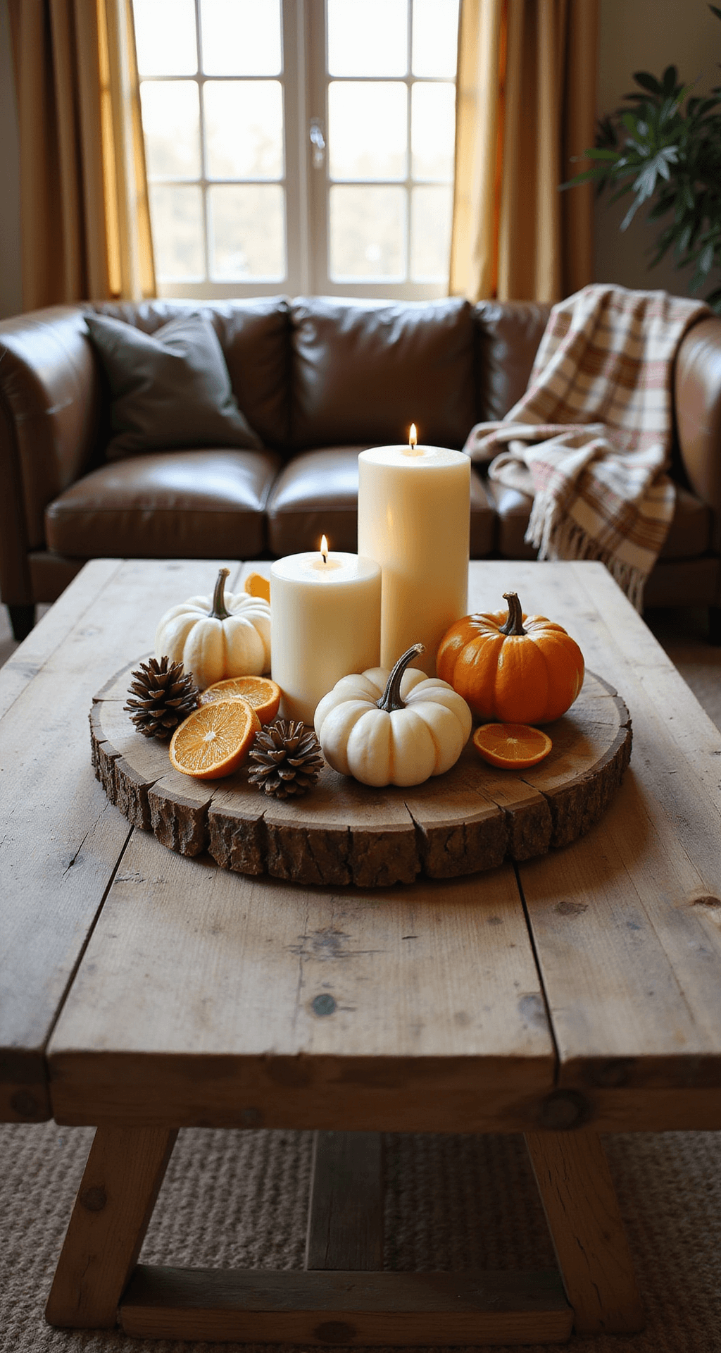 Fall Tray Decor Ideas: Transform Your Space with Autumn Warmth Wide-angle shot of a rustic living room coffee table featuring a weathered wood tray with chunky ivory pillar candles, scattered mini orange and cream pumpkins, natural pinecones, and dried orange slices, all highlighted by golden hour sunlight through sheer curtains, with a cozy plaid throw draped over a leather sofa.