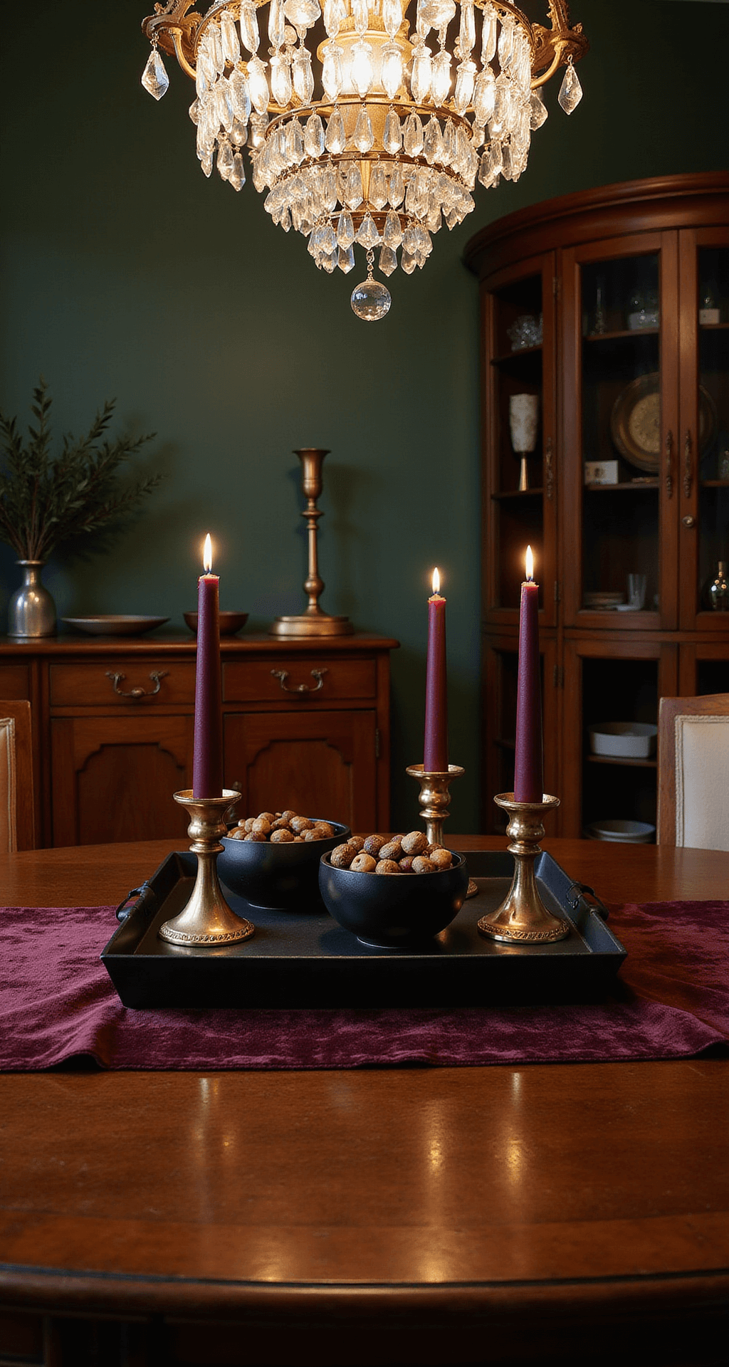 Fall Tray Decor Ideas: Transform Your Space with Autumn Warmth Dramatic low-angle view of an elegant dining room sideboard featuring a matte black metal tray with deep burgundy taper candles in brass holders, black ceramic bowls of acorns, and a luxurious burgundy velvet table runner, all illuminated by warm tungsten lighting from a crystal chandelier above, against a backdrop of rich mahogany furniture and deep emerald walls.