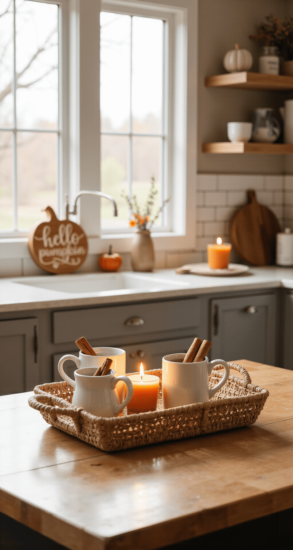 Fall Tray Decor Ideas: Transform Your Space with Autumn Warmth Cozy kitchen island styled as an autumn cafe corner with natural wicker serving tray, ceramic mugs with cinnamon sticks, a pumpkin-shaped candle, and a rustic 'Hello Pumpkin' sign, illuminated by soft morning light through a farmhouse window, highlighting a warm, inviting breakfast nook atmosphere.