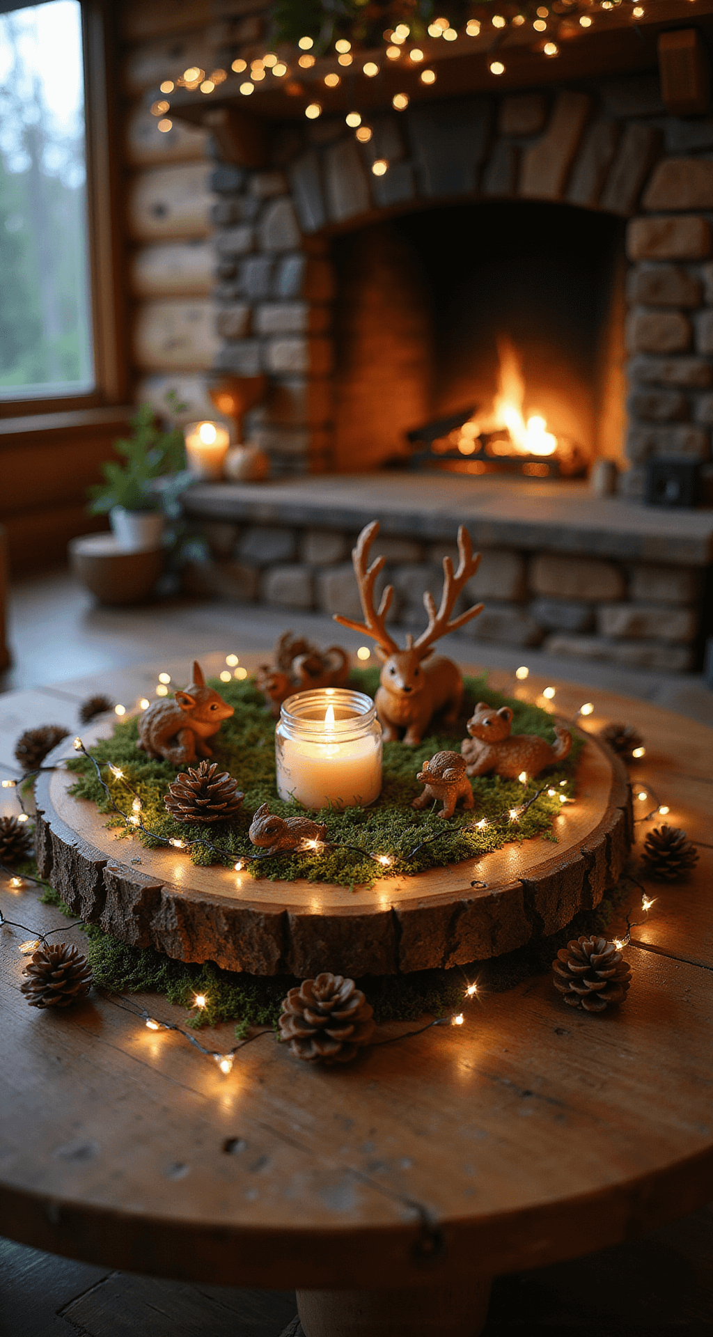 Fall Tray Decor Ideas: Transform Your Space with Autumn Warmth Whimsical woodland-themed coffee table display featuring a live-edge bark wooden tray adorned with moss, pinecones, and animal figurines, illuminated by warm fairy lights against a rustic cabin backdrop.