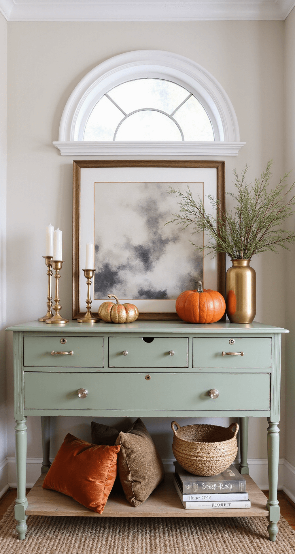 Fall Tray Decor Ideas: Transform Your Space with Autumn Warmth An elegant entryway console styled for fall, featuring brass candlesticks of varying heights, rust-colored velvet textiles, and woven baskets, all illuminated by natural afternoon light from a transom window. The sage green furniture contrasts with warm metallics and a rich autumn palette of sophisticated earth tones. The composition captures layered textures and dimensional arrangements.