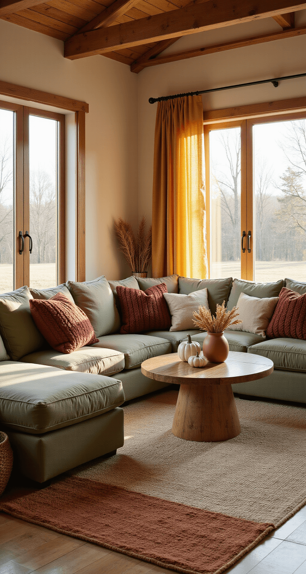 Fall Indoor Decorating Ideas: Transform Your Home with Warmth and Coziness Photorealistic living room interior featuring a spacious layout with exposed wooden beams and cream walls, showcasing a sage green oversized sectional sofa adorned with burgundy knit throw pillows, a rustic oak coffee table with white ceramic pumpkins and dried wheat in a terracotta vase, layered jute and wool rugs in rust tones, mustard yellow textured linen curtains, and woven rattan baskets, all illuminated by warm golden hour light streaming through large windows.