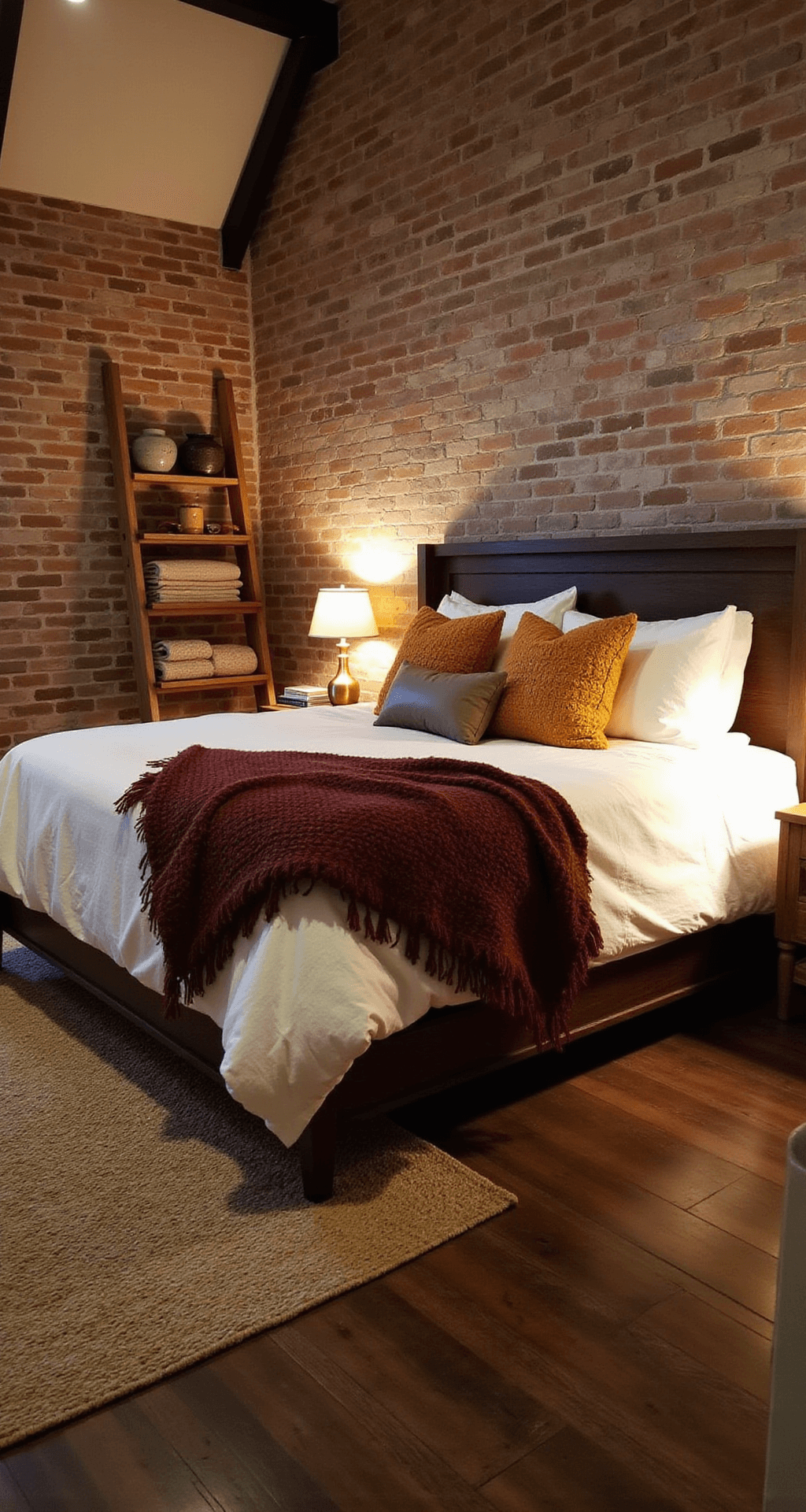 Fall Indoor Decorating Ideas: Transform Your Home with Warmth and Coziness Cozy bedroom at dusk featuring a king bed with white linen duvet and layered burnt orange and deep burgundy blankets, textural throw pillows, reclaimed wood nightstands with brass lamps, and an exposed brick wall, all illuminated with warm ambient lighting in a restful autumn color palette.