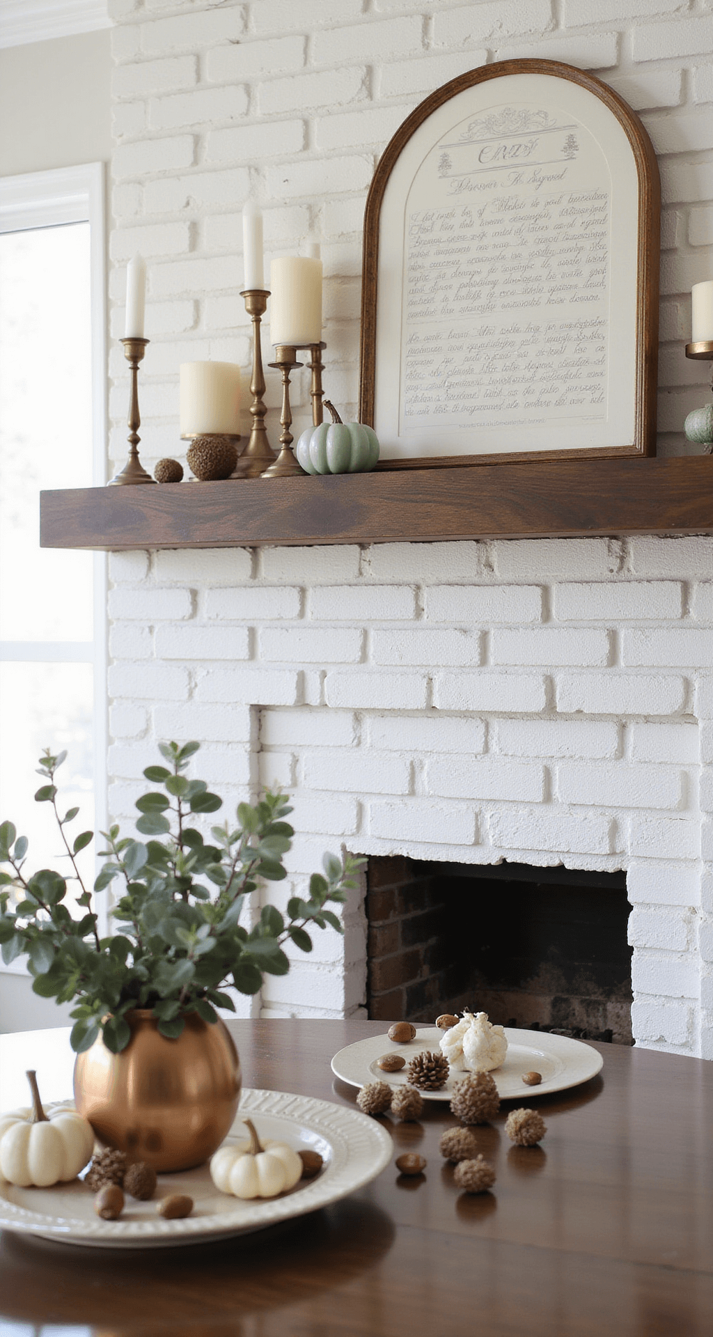 Fall Indoor Decorating Ideas: Transform Your Home with Warmth and Coziness Elegant dining room mantel vignette featuring a traditional fireplace with a white painted brick surround and dark walnut mantel. The scene is styled with varying heights, including brass candleholders with pillar candles, white and sage green ceramic pumpkins, and dried eucalyptus in a copper vase. Scattered pinecones and acorns add texture, all illuminated by soft afternoon light. The warm color palette of cream, bronze, and muted greens enhances the sophisticated autumn aesthetic in a close-up shot from a slightly below angle.