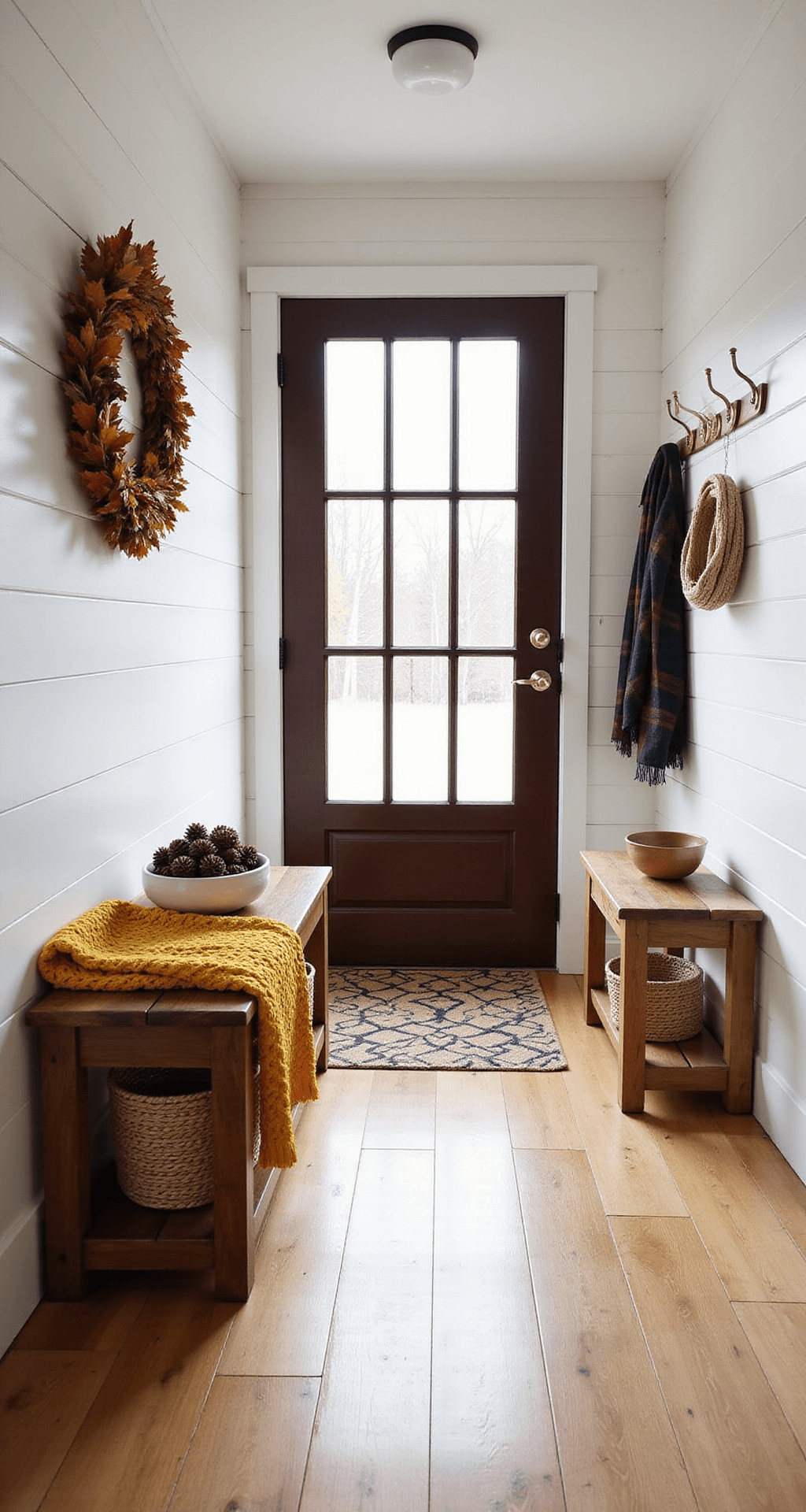 Fall Indoor Decorating Ideas: Transform Your Home with Warmth and Coziness Welcoming entryway foyer featuring shiplap walls and wide plank oak flooring, with morning light illuminating a rustic wooden bench draped in a chunky mustard yellow throw, woven storage baskets below, and an autumn wreath on a dark wooden door. A small side table holds pinecones, complemented by a jute runner rug and brass coat hooks with scarves, all creating an inviting atmosphere with warm undertones.