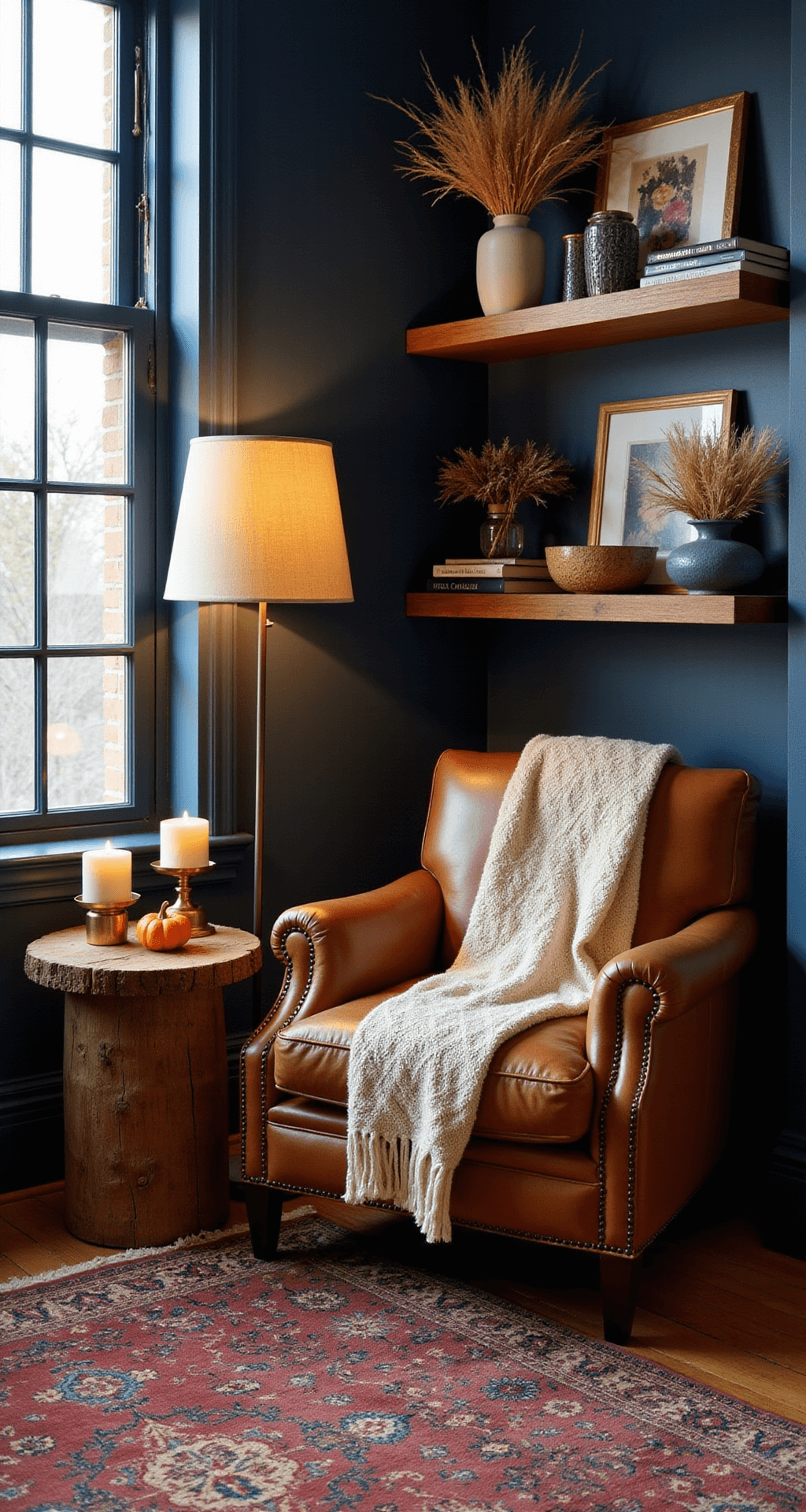 Fall Indoor Decorating Ideas: Transform Your Home with Warmth and Coziness Cozy living room corner in late afternoon light, featuring tall windows, a dark navy accent wall, and a vintage cognac leather armchair draped with a cream throw. A reclaimed wood side table holds brass candle holders and ceramic pumpkins. A floor lamp casts warm light over a layered Persian rug in rust and burgundy. Floating shelves display books, ceramics, and dried grasses in glass vases, enhancing the sophisticated autumn atmosphere.