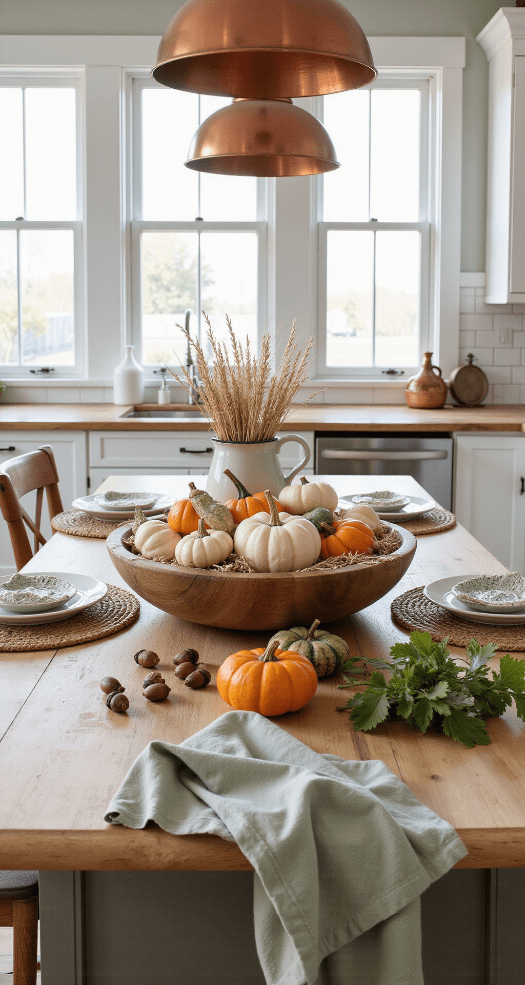 Fall Indoor Decorating Ideas: Transform Your Home with Warmth and Coziness Rustic kitchen island adorned with a wooden bowl of white and orange pumpkins and acorns, surrounded by natural jute placemats, a ceramic pitcher with dried wheat, and fresh autumn leaves, all bathed in warm mid-morning light.