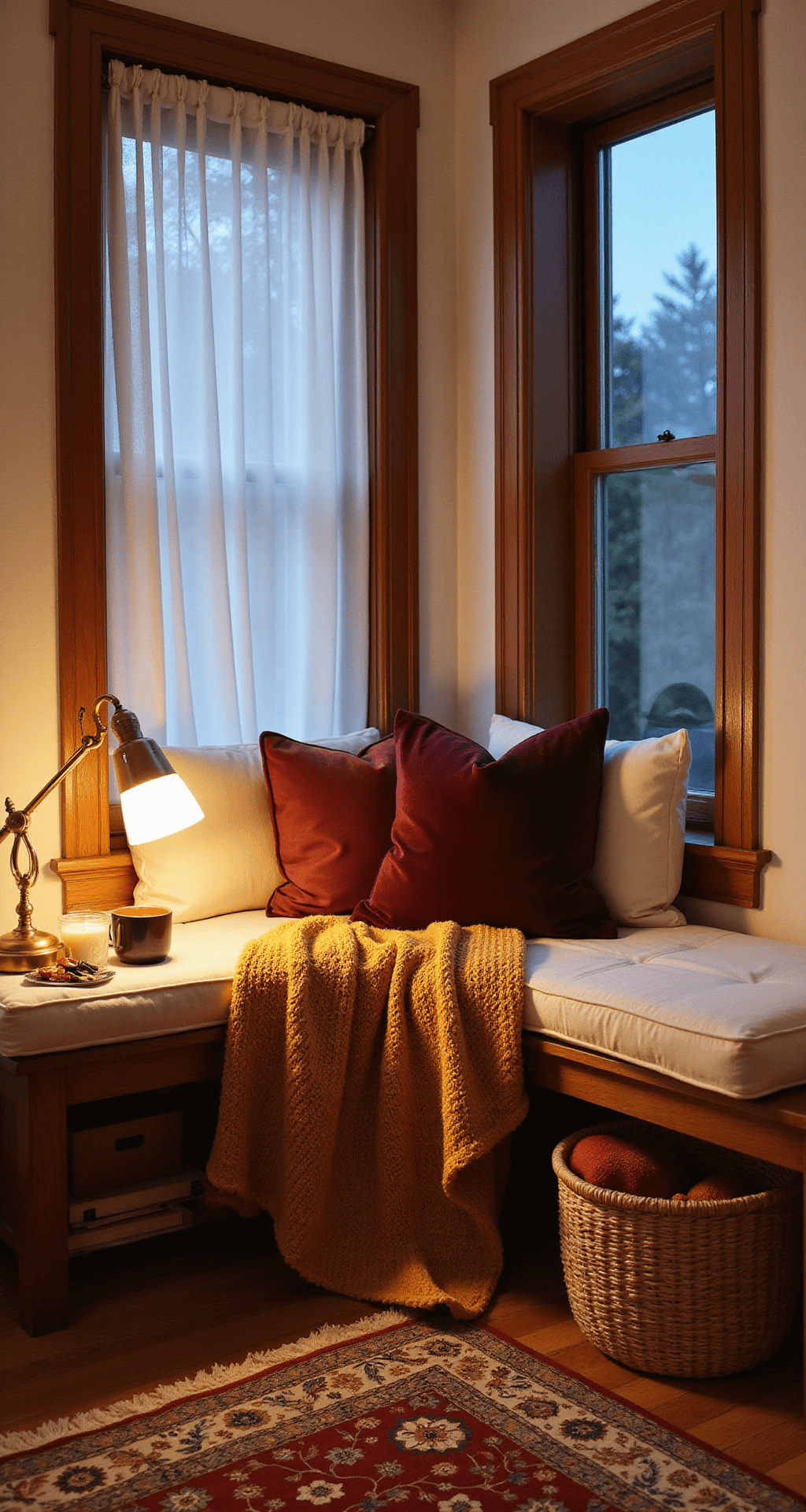Fall Indoor Decorating Ideas: Transform Your Home with Warmth and Coziness Intimate bedroom reading nook featuring a built-in window seat with cream cushions and layered throw pillows in burgundy and rust, draped with a mustard yellow chunky knit blanket. A brass table lamp and fall-scented candle sit on a small side table beside a ceramic mug. Additional textiles are stored in a basket beneath the seat. The warm white walls and wooden window trim complement the deep autumn tones of the Persian rug, with soft twilight light creating a cozy atmosphere.