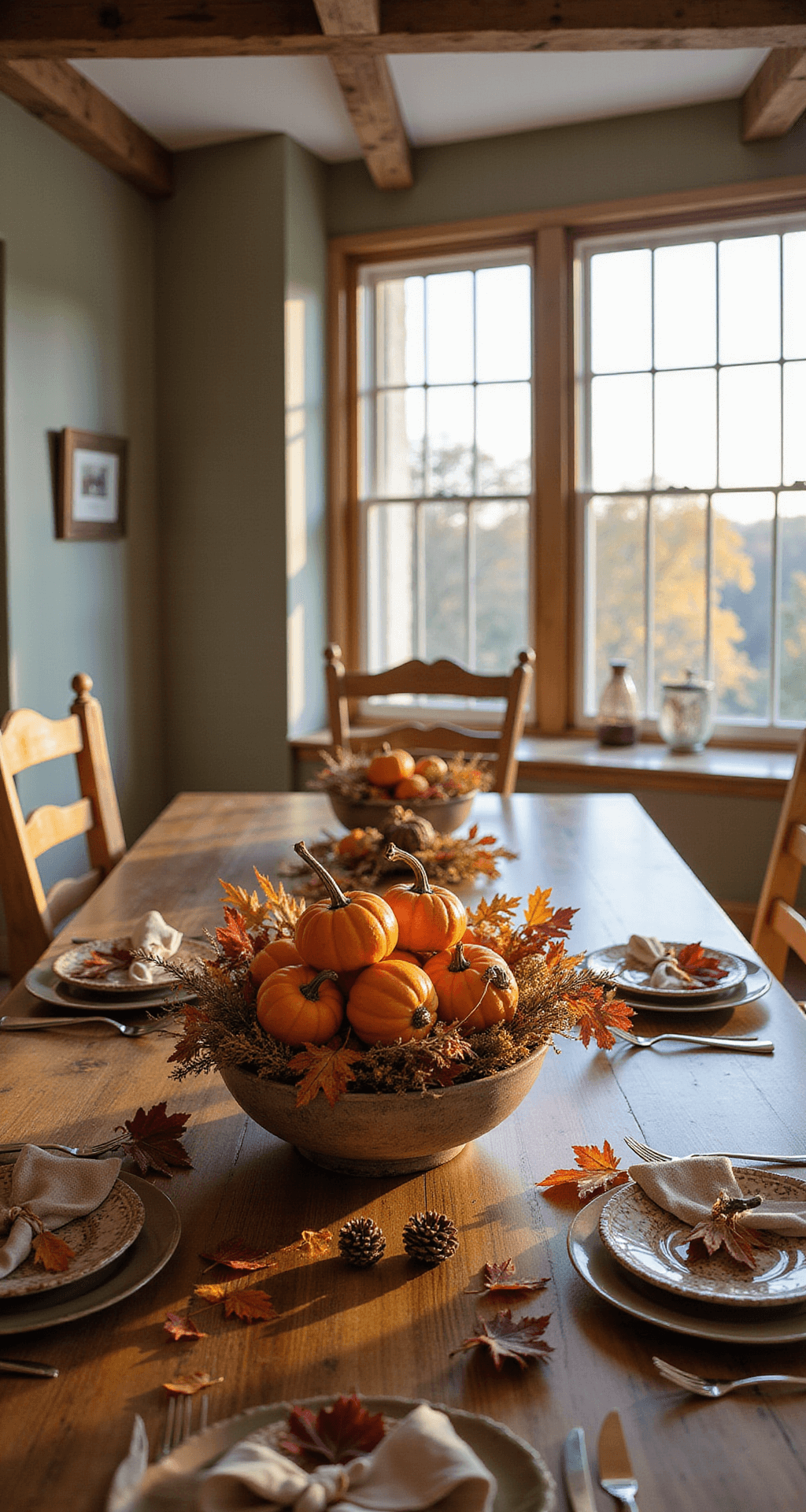 Creating a Stunning Fall Decor Dining Room Table: Your Ultimate Guide to Autumn Elegance Stunning dining room tablescape featuring a weathered wooden dough bowl filled with mini orange pumpkins, scattered pinecones, and dried burgundy and gold maple leaves, with warm amber lighting streaming through tall windows.