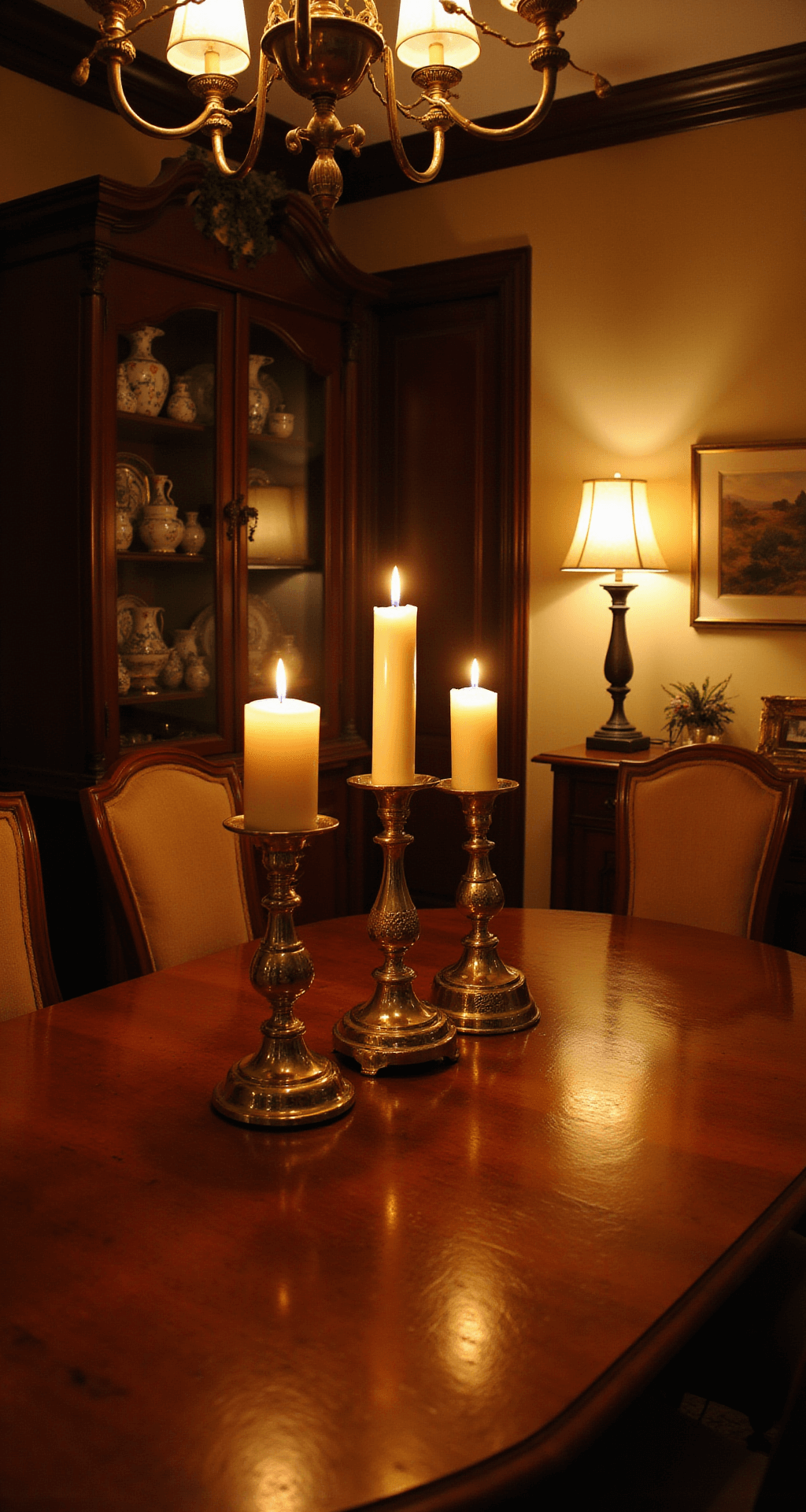 Creating a Stunning Fall Decor Dining Room Table: Your Ultimate Guide to Autumn Elegance Elegant dining room bathed in warm candlelight, featuring brass candlesticks with cream pillar candles, a rich mahogany table with upholstered chairs, and a softly illuminated china cabinet, creating an intimate and sophisticated atmosphere.