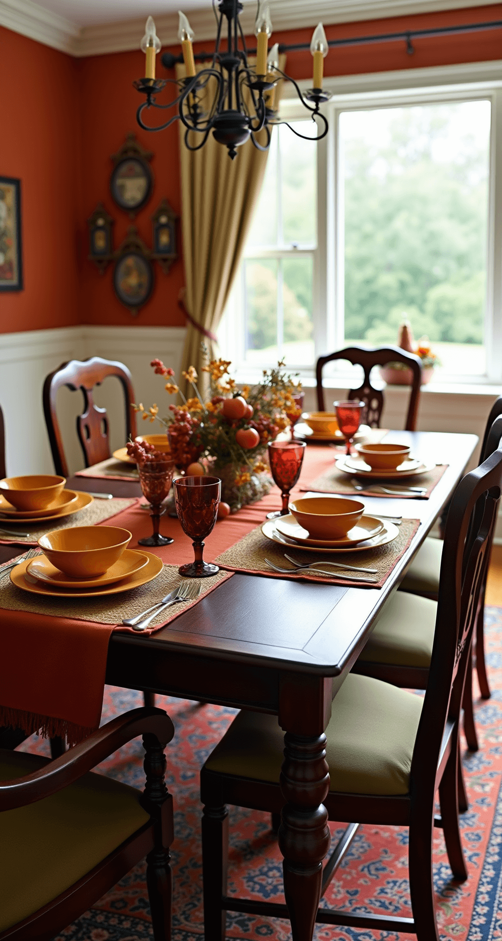 Creating a Stunning Fall Decor Dining Room Table: Your Ultimate Guide to Autumn Elegance A vibrant autumn dining room featuring a rich color palette with burnt orange napkins, mustard yellow ceramic bowls, deep burgundy place settings, and olive green glassware, illuminated by natural daylight through a large picture window, showcasing traditional decor with crown molding, hardwood floors, and an oriental rug.
