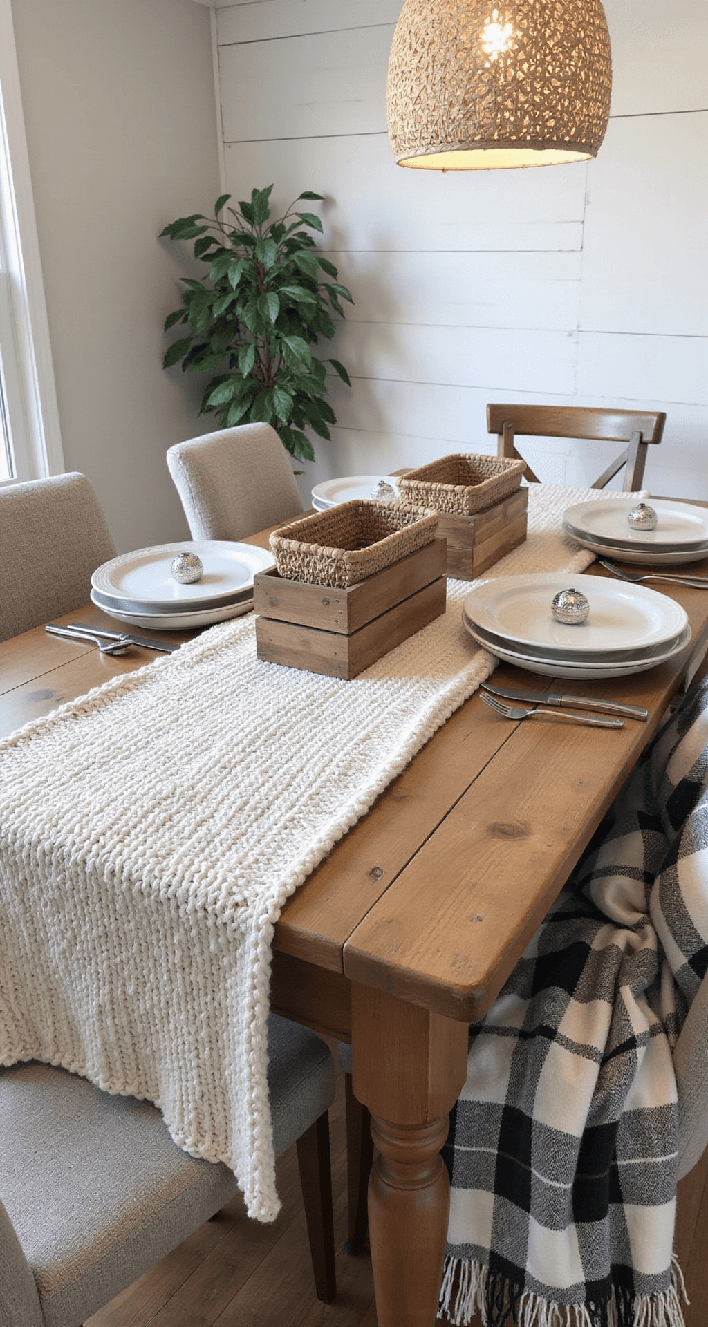 Creating a Stunning Fall Decor Dining Room Table: Your Ultimate Guide to Autumn Elegance Cozy farmhouse dining room featuring a chunky knit cream runner, woven rattan chargers, and reclaimed wood centerpiece boxes, with a soft plaid throw draped over a chair. Afternoon light accentuates the rich textures of shiplap walls and distressed furniture in a warm, inviting atmosphere.