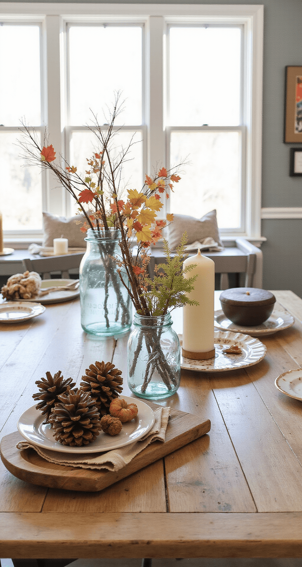 Creating a Stunning Fall Decor Dining Room Table: Your Ultimate Guide to Autumn Elegance A cozy fall dining nook features a painted wood table surrounded by mismatched chairs, adorned with mason jars filled with colorful leaves, pinecones, and branches. Repurposed candles of varying heights add warmth, while bright morning light streams through the kitchen windows, creating an inviting atmosphere with warm natural tones and hints of white.