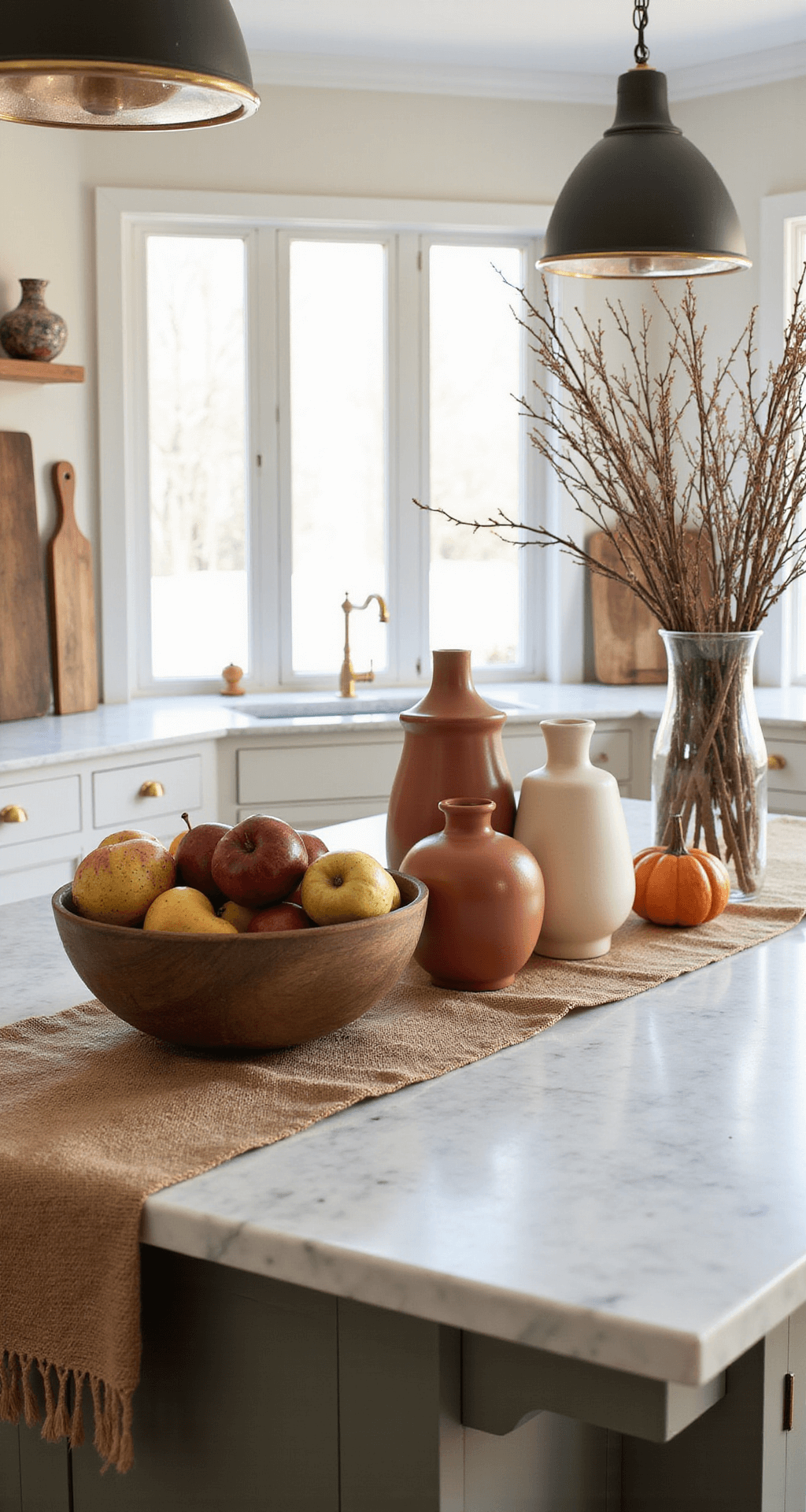 Cozy Fall Kitchen Counter Decor: Transform Your Space with Autumnal Warmth A spacious kitchen island features a honed marble countertop, adorned with a vintage wooden dough bowl filled with burgundy apples, golden pears, and mini pumpkins, set against a backdrop of large windows letting in soft morning light. Ceramic vessels in terracotta and cream, dried oak branches in a tall glass cylinder, and warm brown wooden cutting boards add to the inviting harvest mood, enhanced by brass hardware and pendant lights.