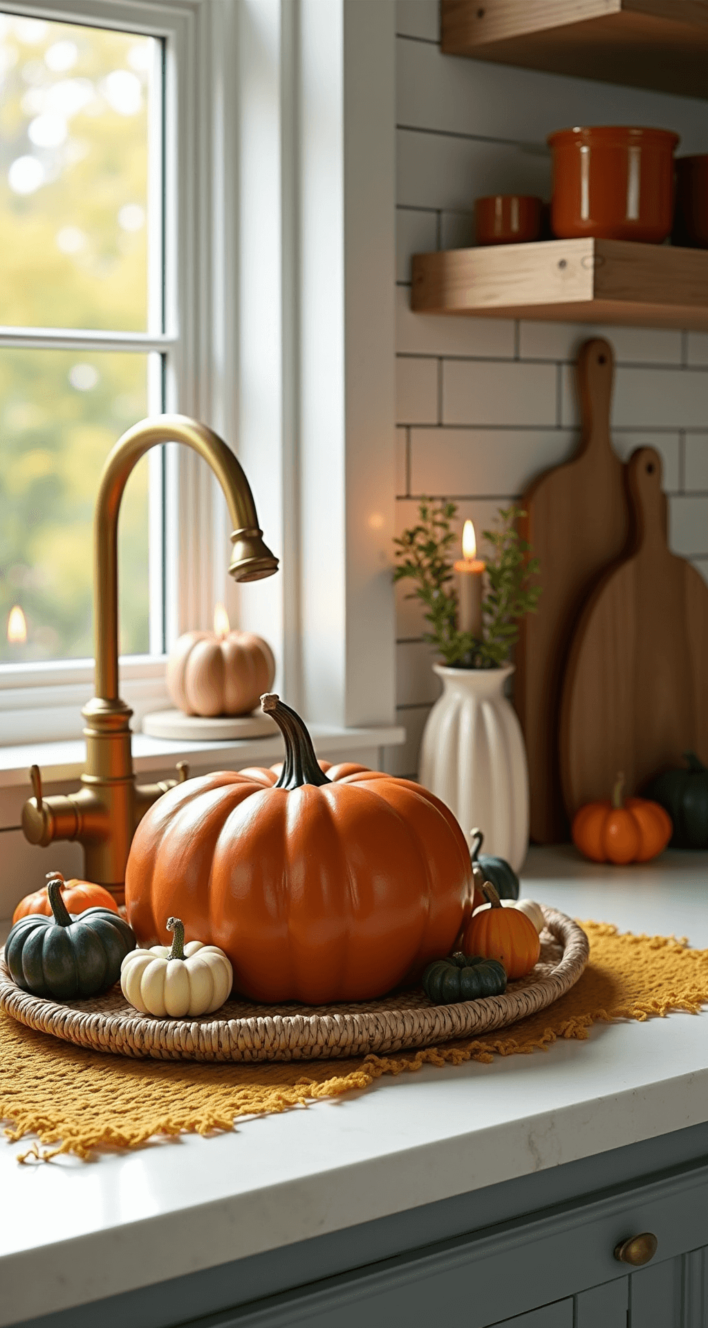 Cozy Fall Kitchen Counter Decor: Transform Your Space with Autumnal Warmth A cozy cottage kitchen counter featuring a large burnt orange glazed ceramic pumpkin centerpiece, surrounded by cream and terracotta pottery, a woven autumn runner in mustard yellow and forest green, wooden cutting boards, copper candle holders with warm light, scattered mini gourds, a white shiplap backsplash, and a vintage brass faucet, all captured in warm afternoon golden light.