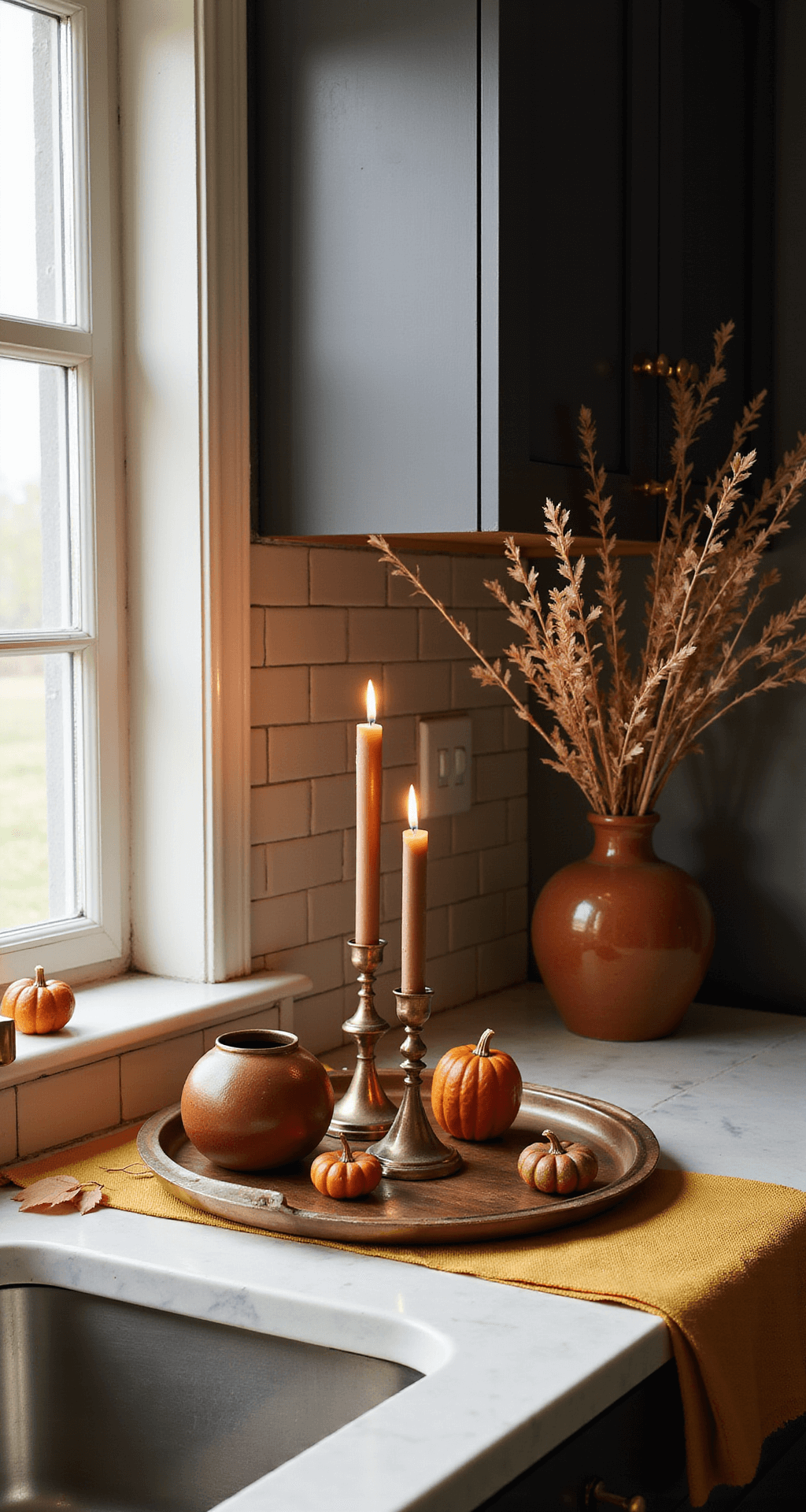 Cozy Fall Kitchen Counter Decor: Transform Your Space with Autumnal Warmth Elegant kitchen counter styled with vintage copper candle holders, rich brown wooden trays, burnt orange and deep terracotta ceramic vessels, dried autumn branches, mustard yellow textile runner, scattered mini pumpkins, cream subway tile, and brushed gold hardware, all illuminated by soft natural window light for a moody autumn atmosphere.