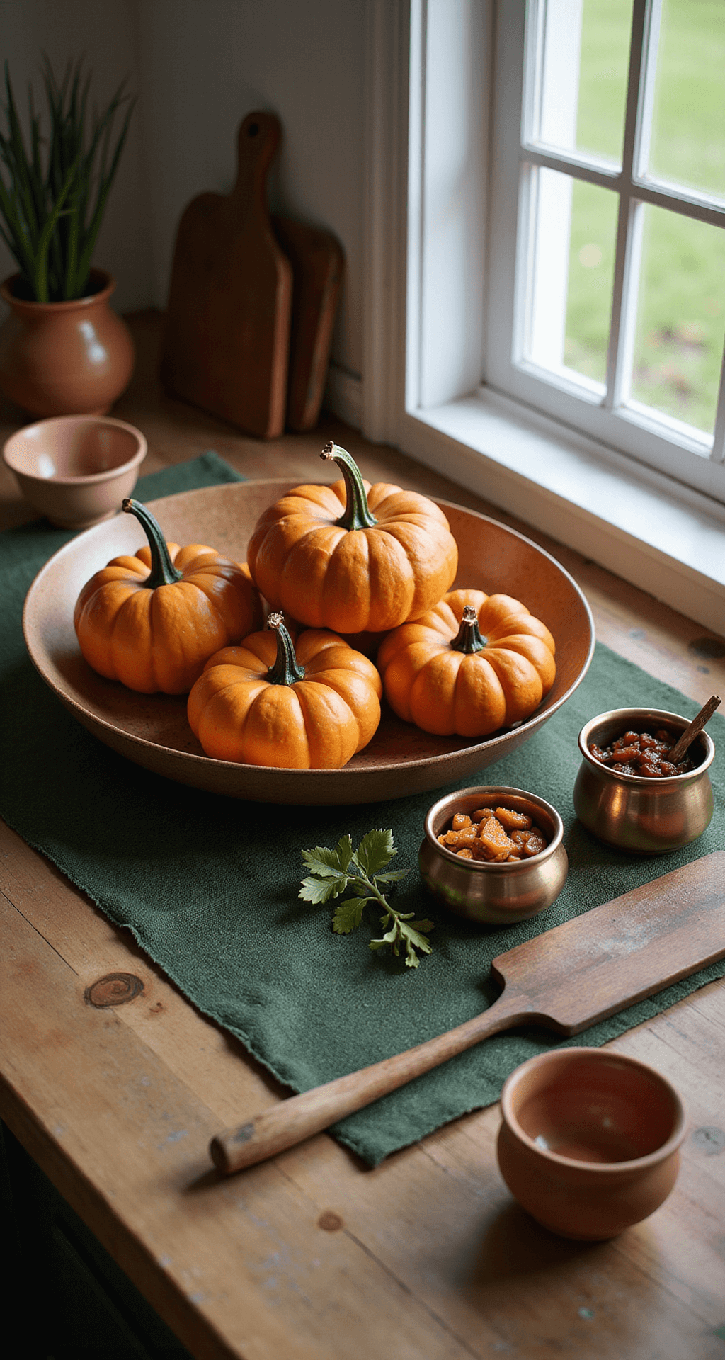 Cozy Fall Kitchen Counter Decor: Transform Your Space with Autumnal Warmth A beautifully arranged kitchen counter featuring a trio of burnt orange ceramic pumpkins, seasonal produce in a vintage wooden dough bowl, and warm brown cutting boards, all set against a textured forest green runner, with copper and brass accents, under soft diffused lighting from a large window.