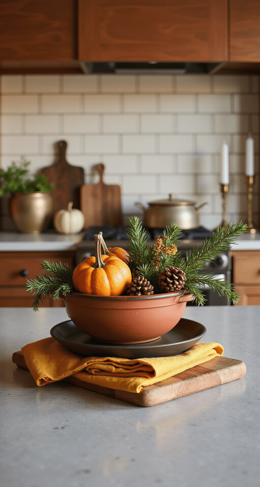 Cozy Fall Kitchen Counter Decor: Transform Your Space with Autumnal Warmth A cozy transitional kitchen decorated for the season, featuring deep terracotta and burnt orange ceramics with metallic copper accents, evergreen sprigs, warm brown wooden elements, and mustard yellow textiles. Mini pumpkins and pinecones add a touch of fall, while layered cutting boards and brass candle holders enhance the warm ambiance, all set against a cream subway tile backsplash in the golden hour light.