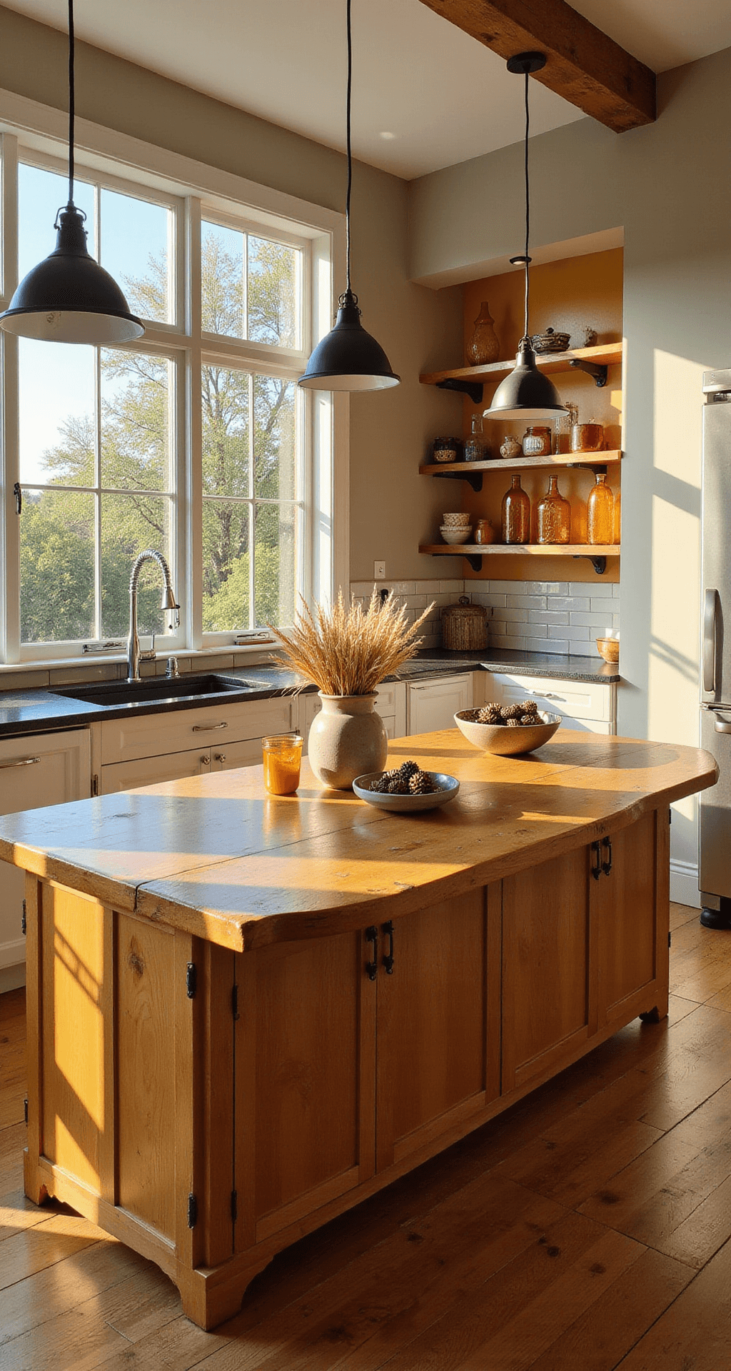 Cozy Fall Kitchen Decor: Transform Your Space with Autumn Warmth A warm and inviting modern farmhouse kitchen featuring a honey-colored wooden island with ceramic bowls of pinecones, dried wheat in a vintage pitcher, and accents of burnt orange and mustard yellow on the subway tile backsplash. Reclaimed wood shelves display amber glass jars, with soft shadows from pendant lights illuminating the space, all captured from the kitchen entrance during golden hour.
